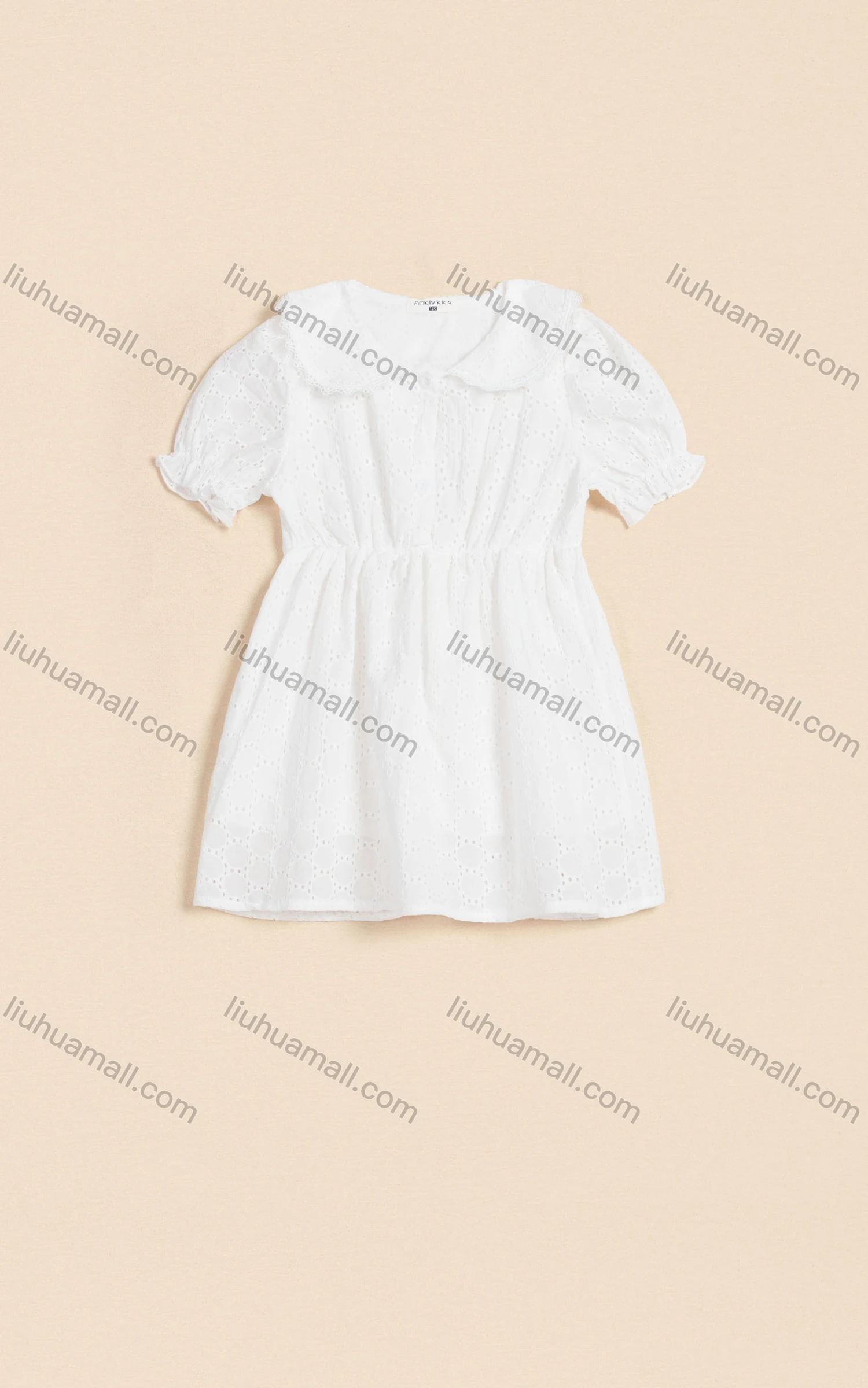 Wholesale Girls Cute Peter Pan Collar Puff Sleeve Button Front Mesh Short Dress 130# - Liuhuamall