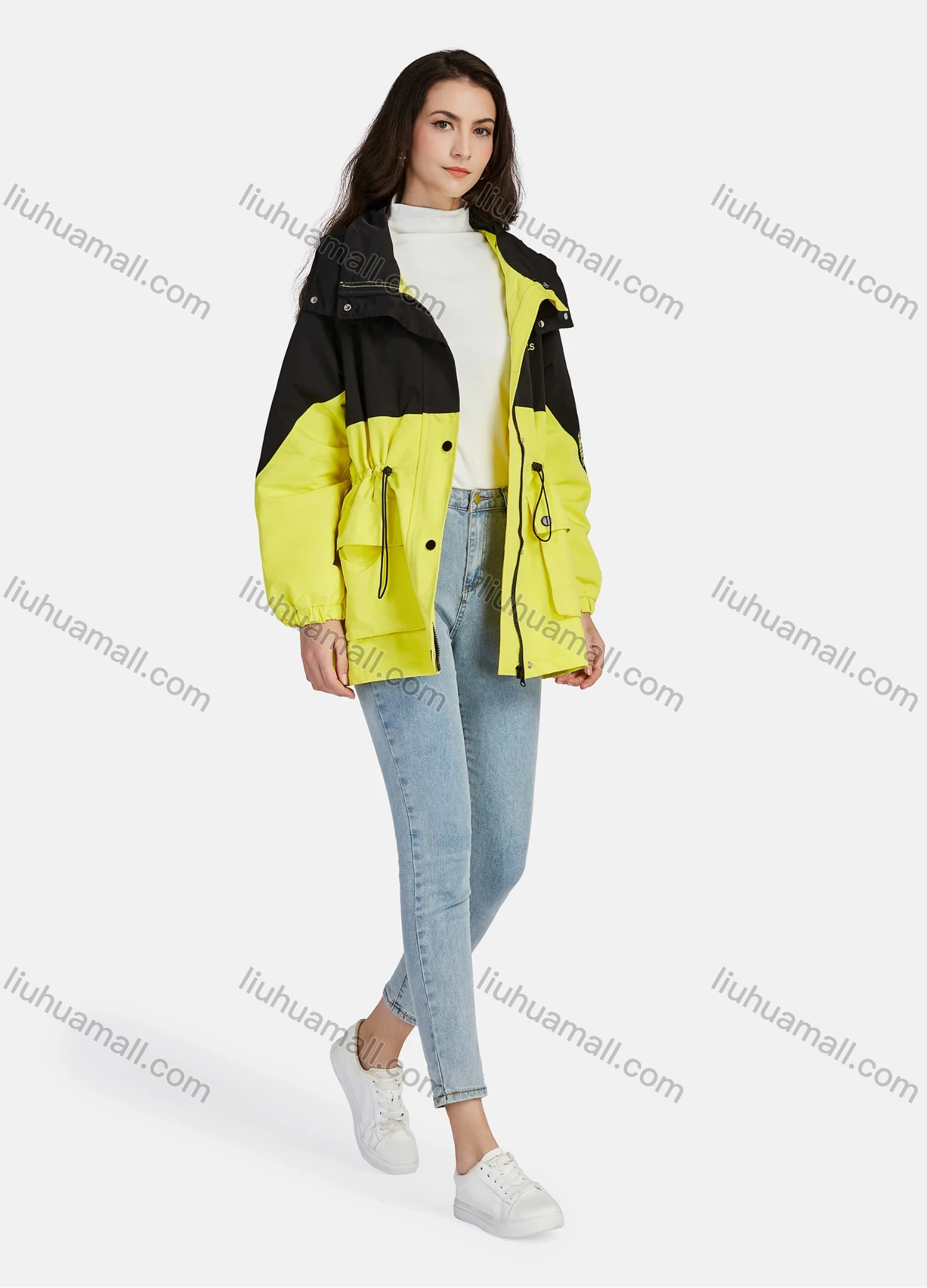 Wholesale Women's Casual Button Down Colorblock Long Sleeve Drawstring Flap Pockets Hooded Windbreaker 1-1088# - Liuhuamall