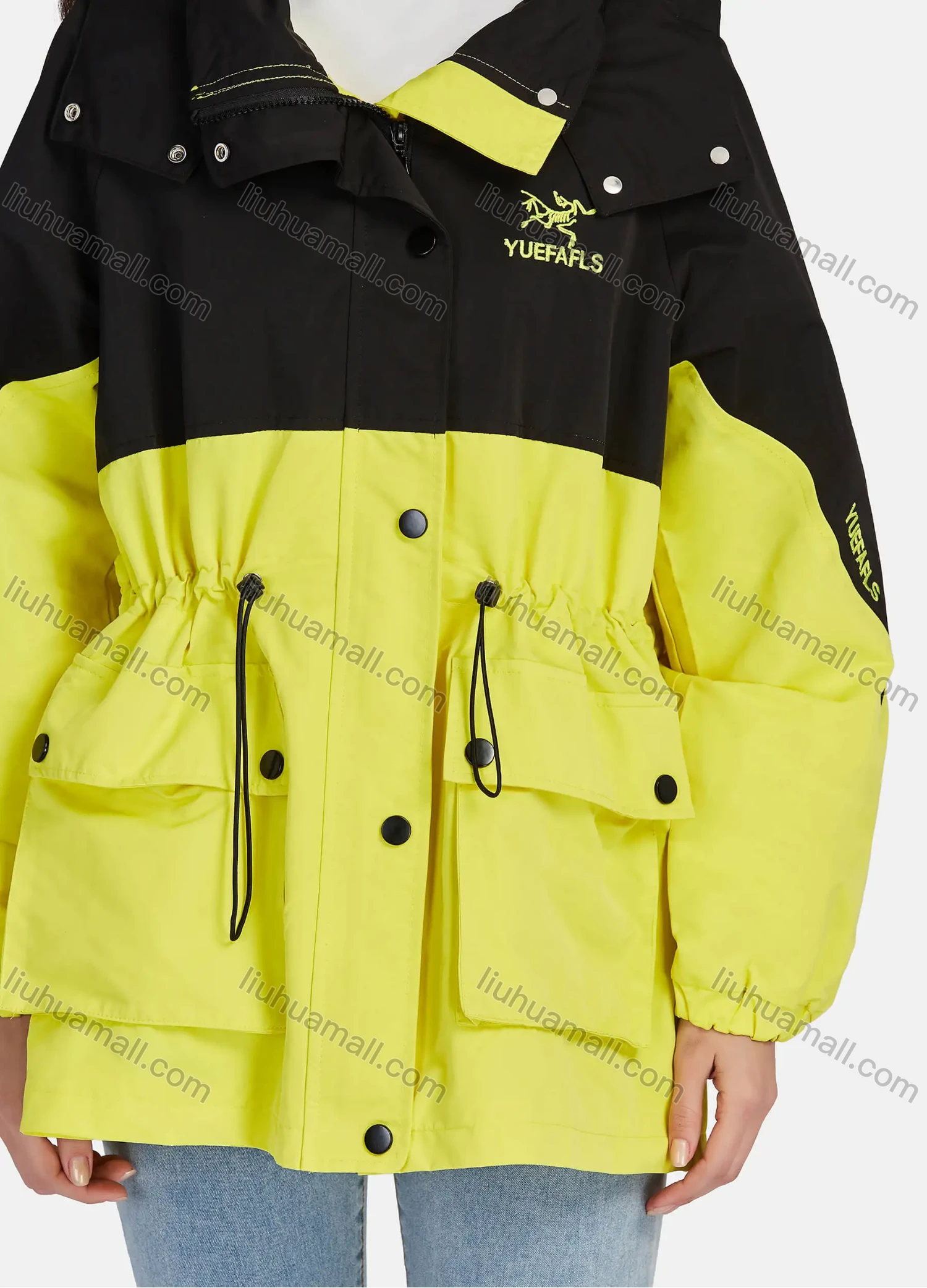 Wholesale Women's Casual Button Down Colorblock Long Sleeve Drawstring Flap Pockets Hooded Windbreaker 1-1088# - Liuhuamall