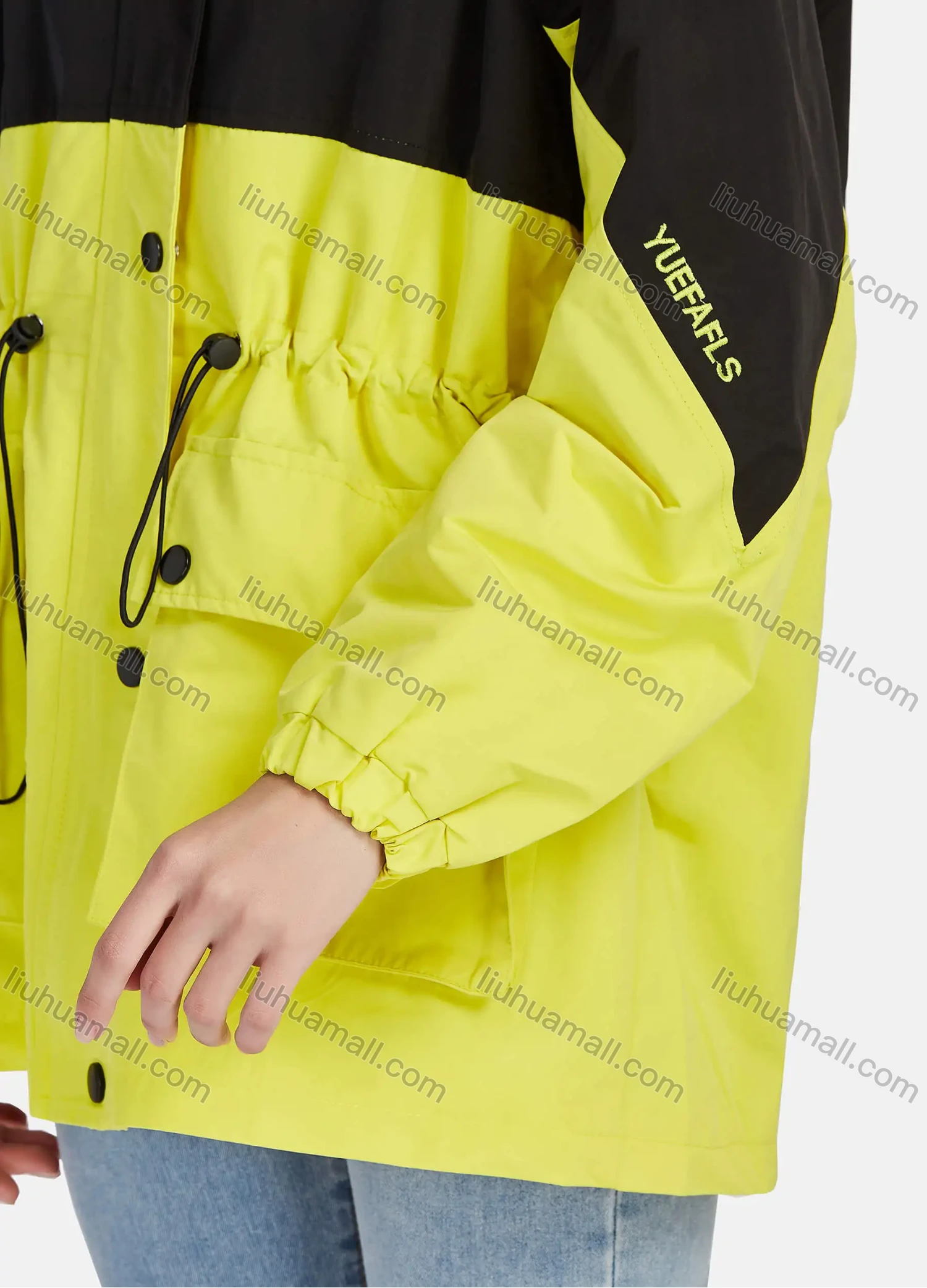 Wholesale Women's Casual Button Down Colorblock Long Sleeve Drawstring Flap Pockets Hooded Windbreaker 1-1088# - Liuhuamall