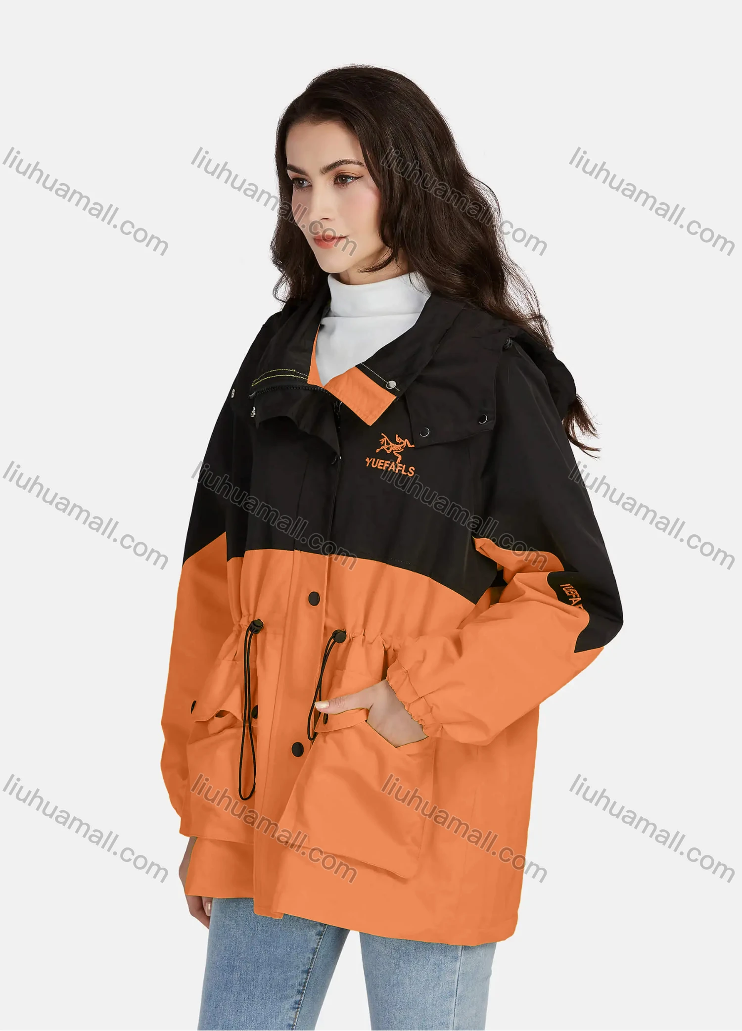 Wholesale Women's Casual Button Down Colorblock Long Sleeve Drawstring Flap Pockets Hooded Windbreaker 1-1088# - Liuhuamall
