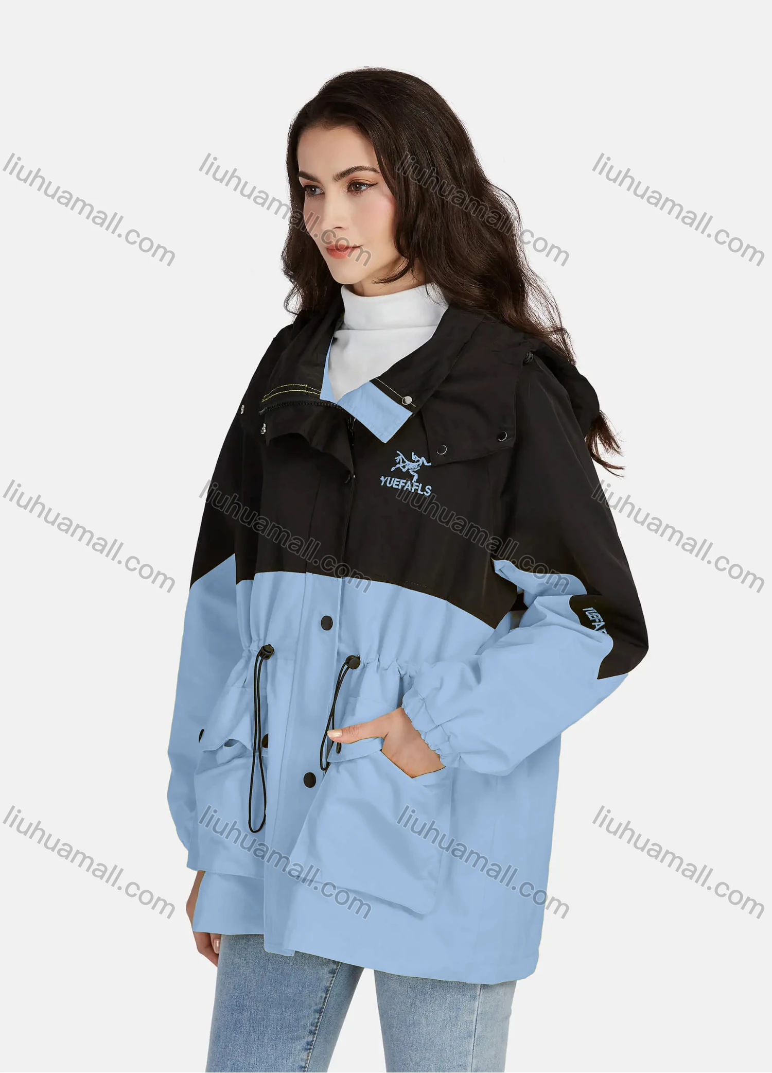 Wholesale Women's Casual Button Down Colorblock Long Sleeve Drawstring Flap Pockets Hooded Windbreaker 1-1088# - Liuhuamall