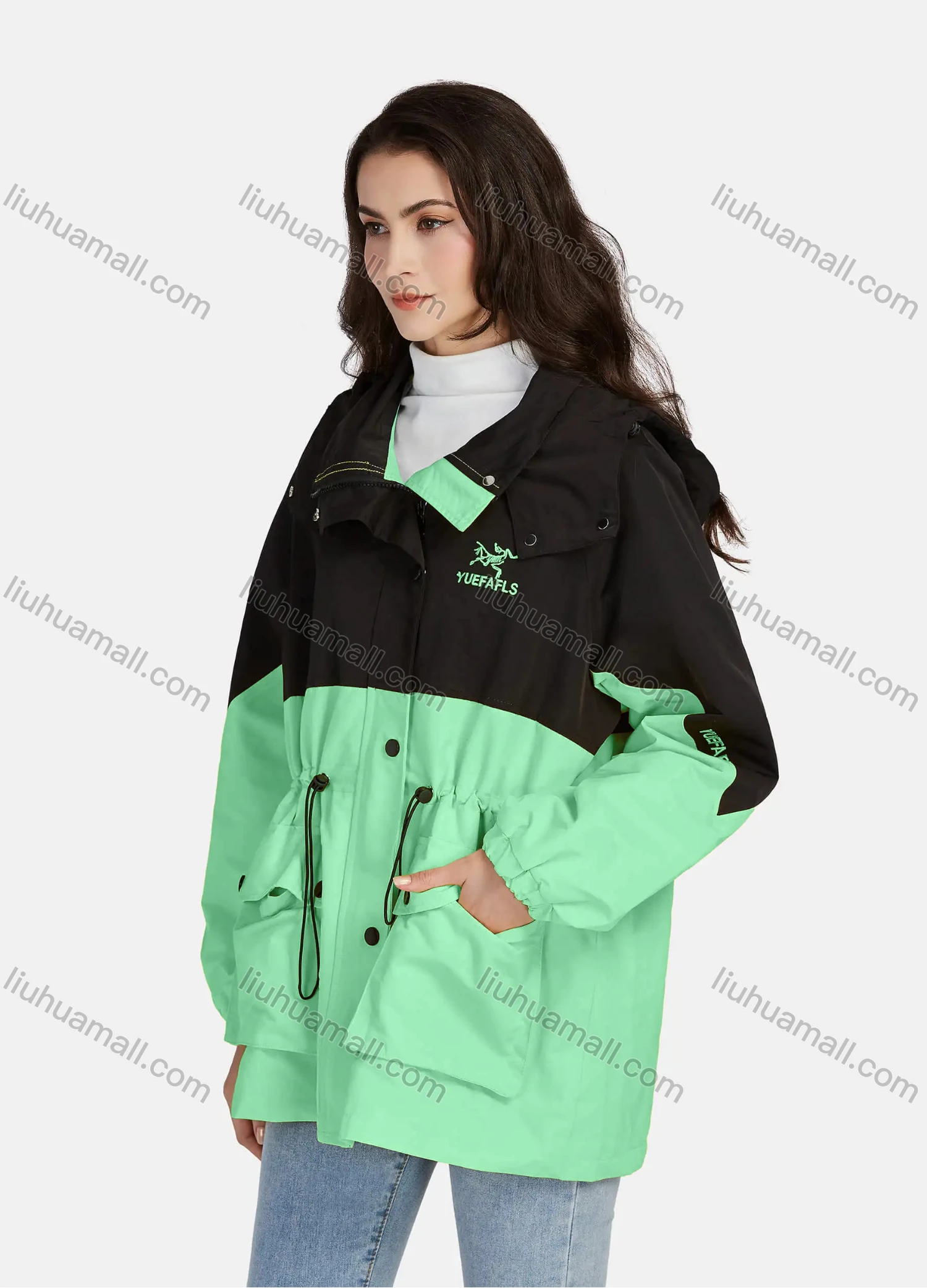 Wholesale Women's Casual Button Down Colorblock Long Sleeve Drawstring Flap Pockets Hooded Windbreaker 1-1088# - Liuhuamall