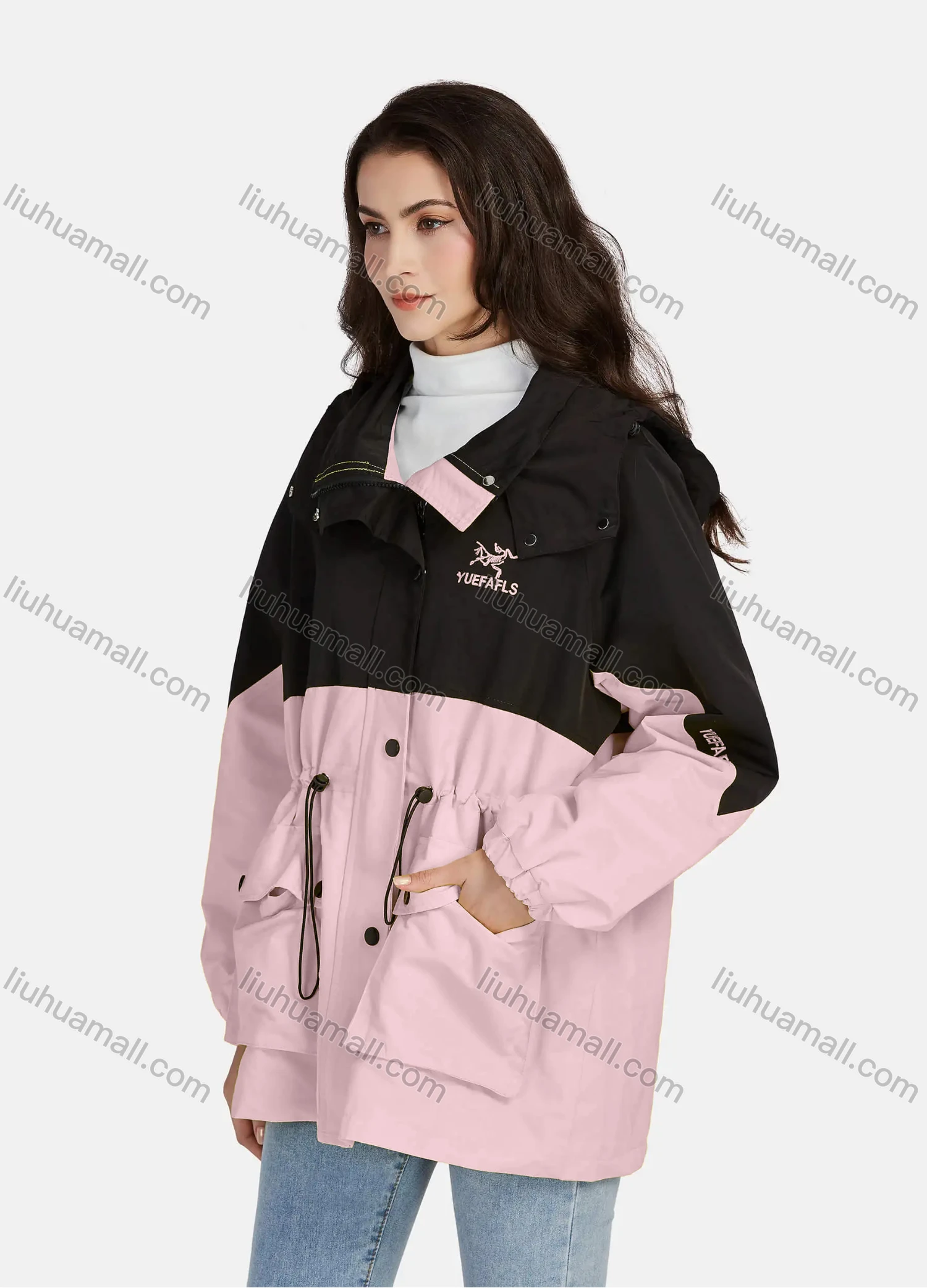 Wholesale Women's Casual Button Down Colorblock Long Sleeve Drawstring Flap Pockets Hooded Windbreaker 1-1088# - Liuhuamall
