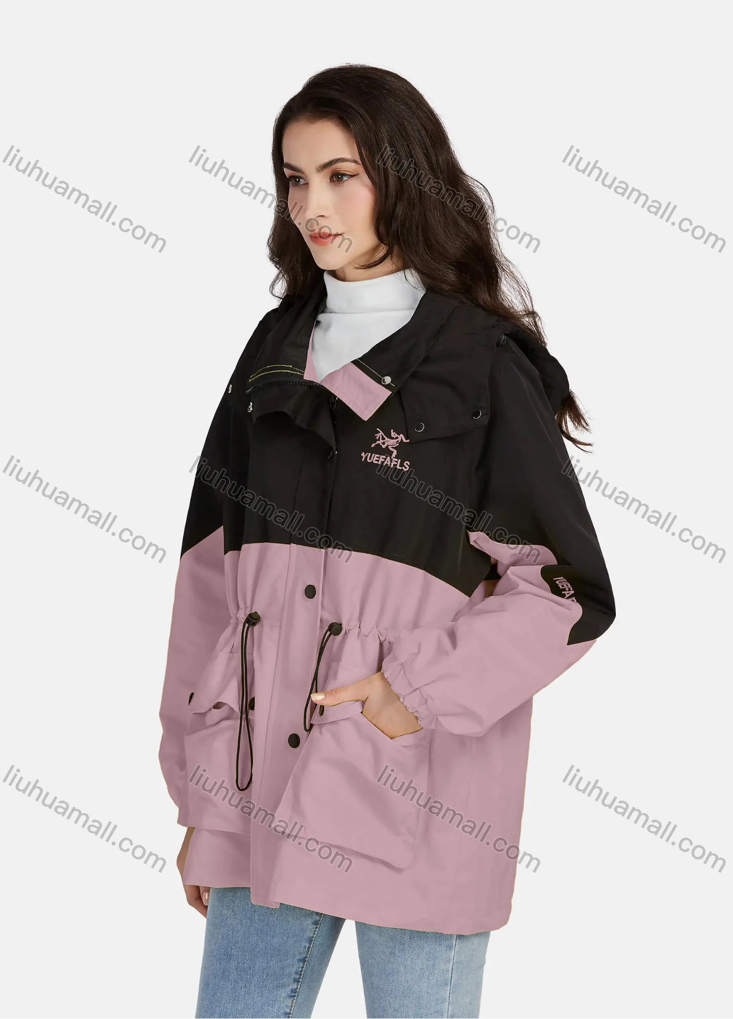 Wholesale Women's Casual Button Down Colorblock Long Sleeve Drawstring Flap Pockets Hooded Windbreaker 1-1088# - Liuhuamall