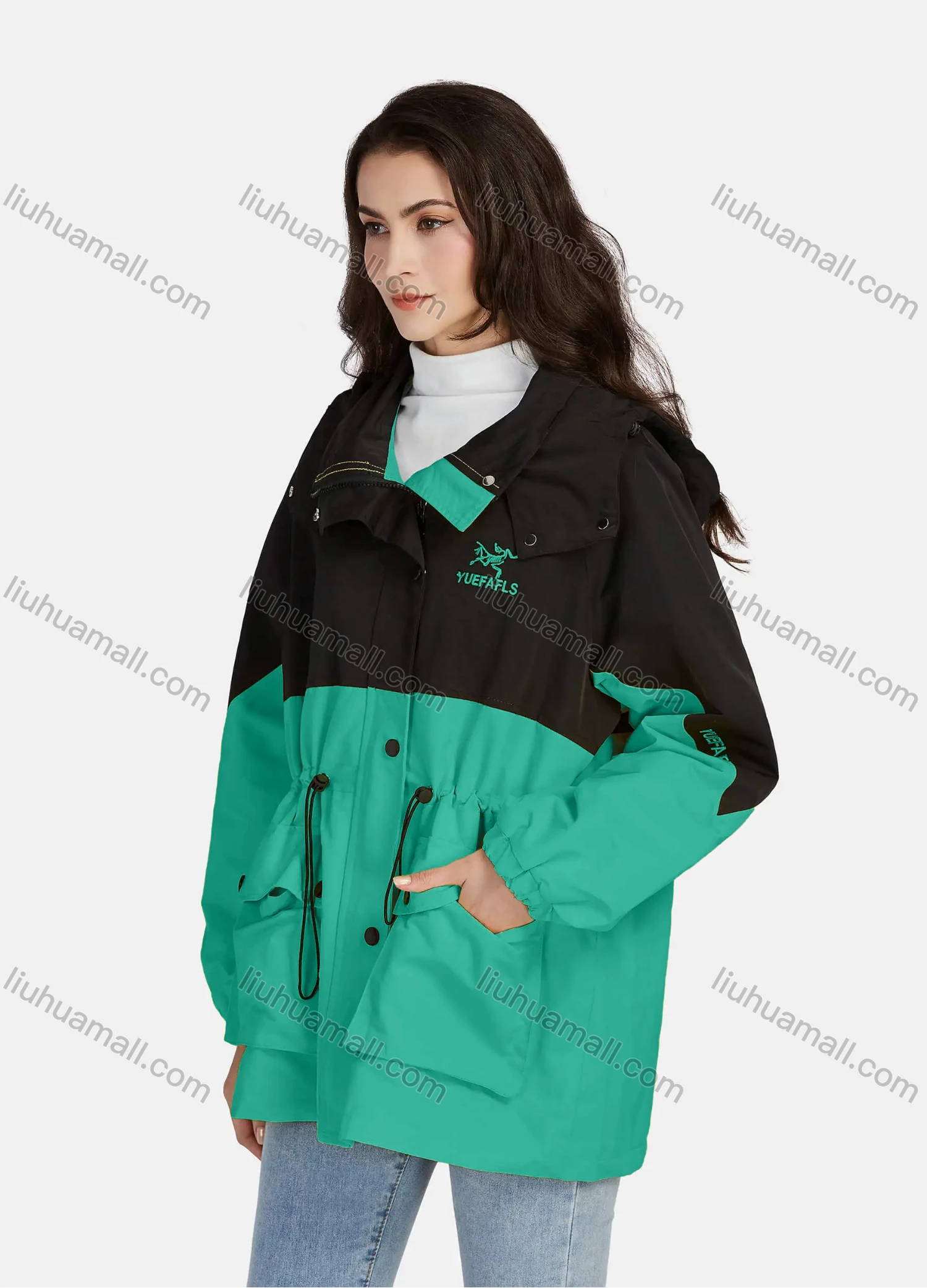 Wholesale Women's Casual Button Down Colorblock Long Sleeve Drawstring Flap Pockets Hooded Windbreaker 1-1088# - Liuhuamall