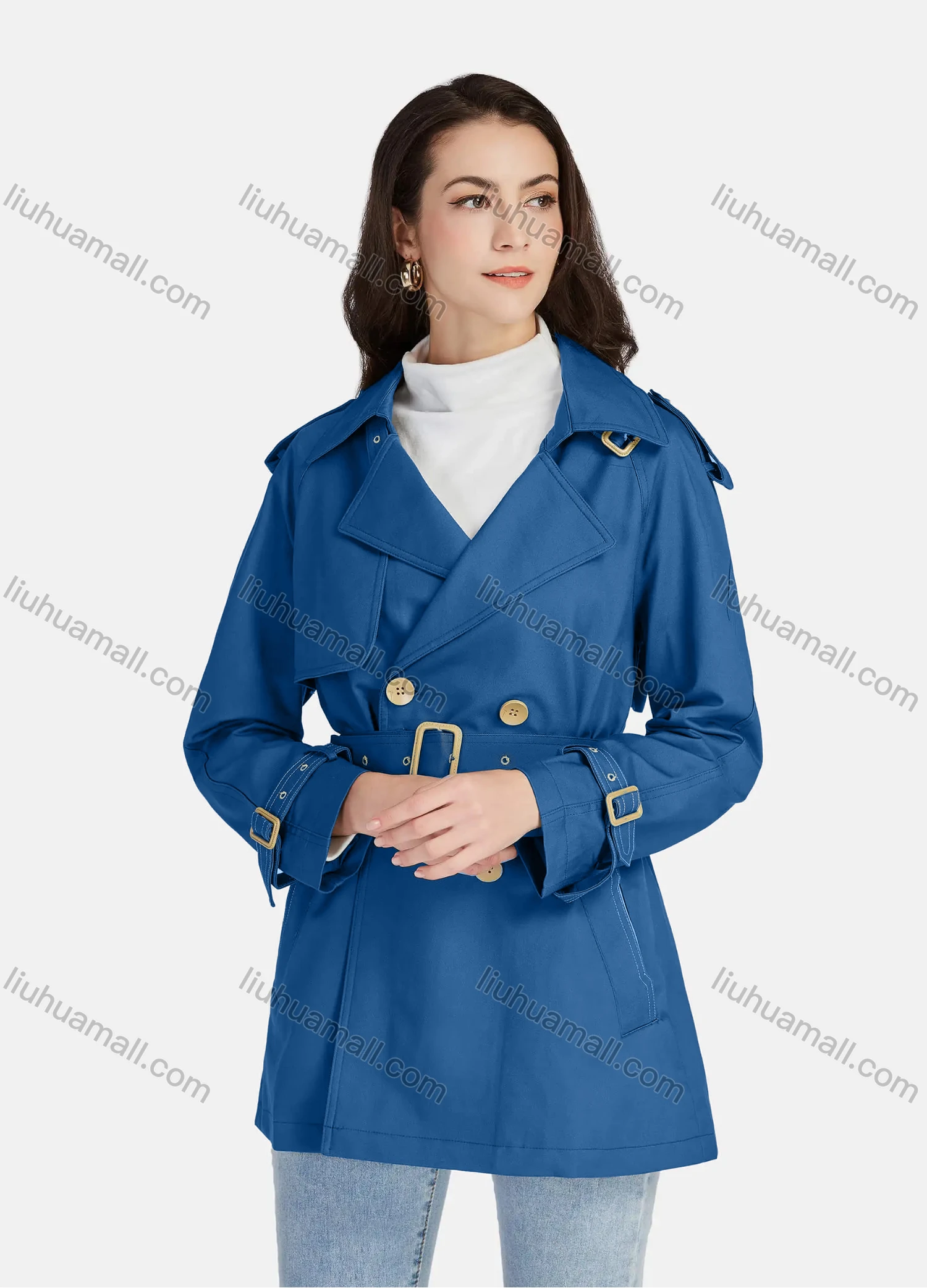 Wholesale Women's Casual Plain Lapel Long Sleeve 3 Buttons Pockets Trench Coat With Belt 21025# - Liuhuamall