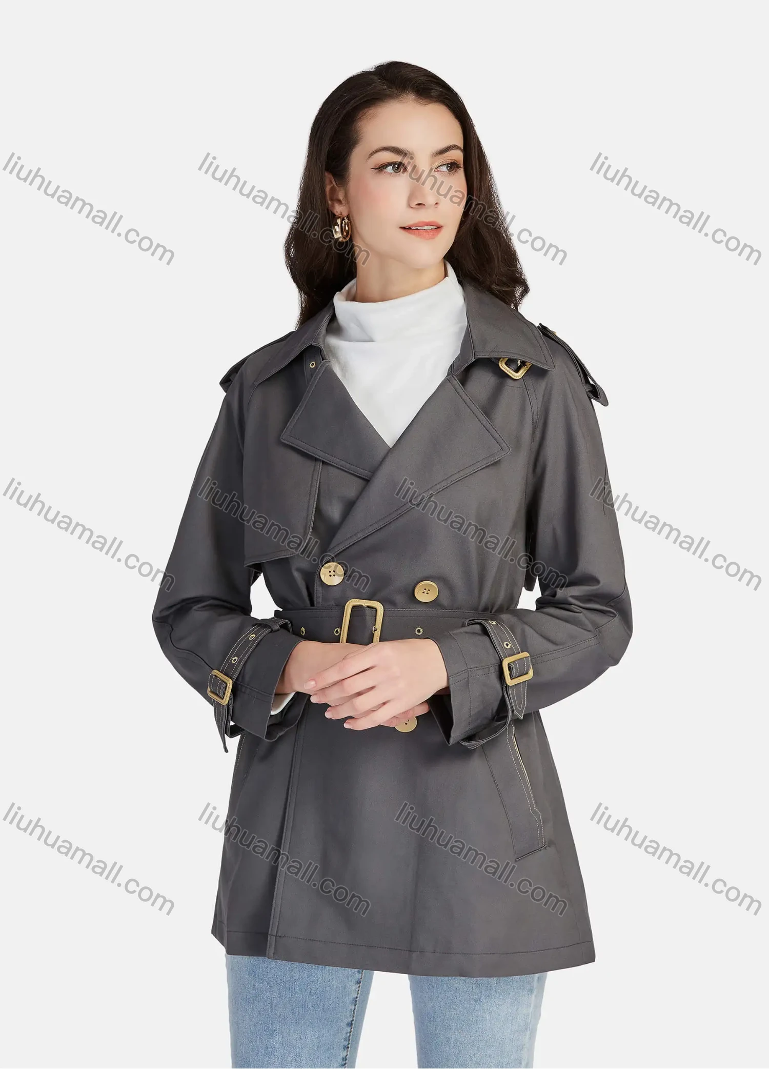 Wholesale Women's Casual Plain Lapel Long Sleeve 3 Buttons Pockets Trench Coat With Belt 21025# - Liuhuamall