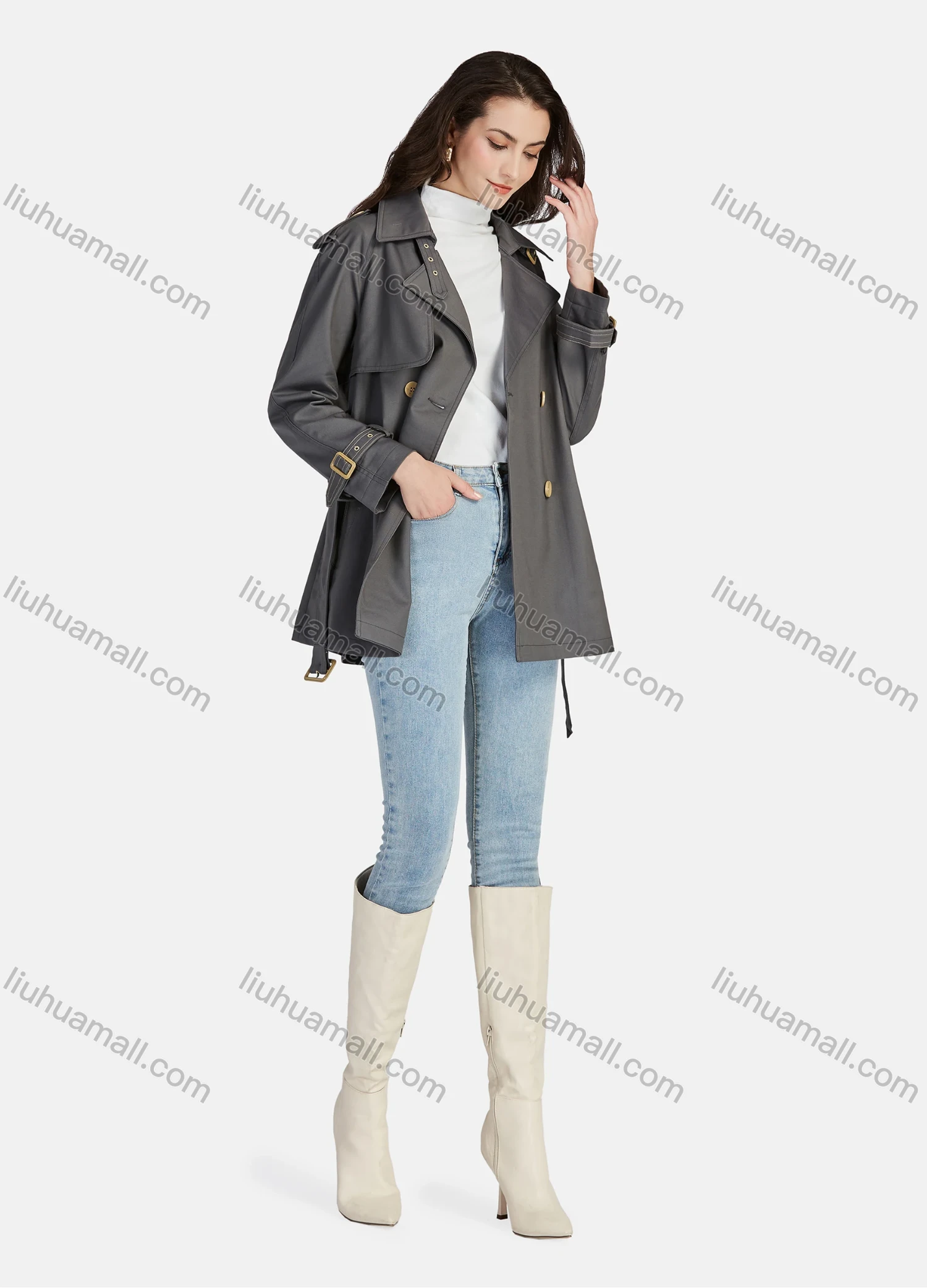 Wholesale Women's Casual Plain Lapel Long Sleeve 3 Buttons Pockets Trench Coat With Belt 21025# - Liuhuamall
