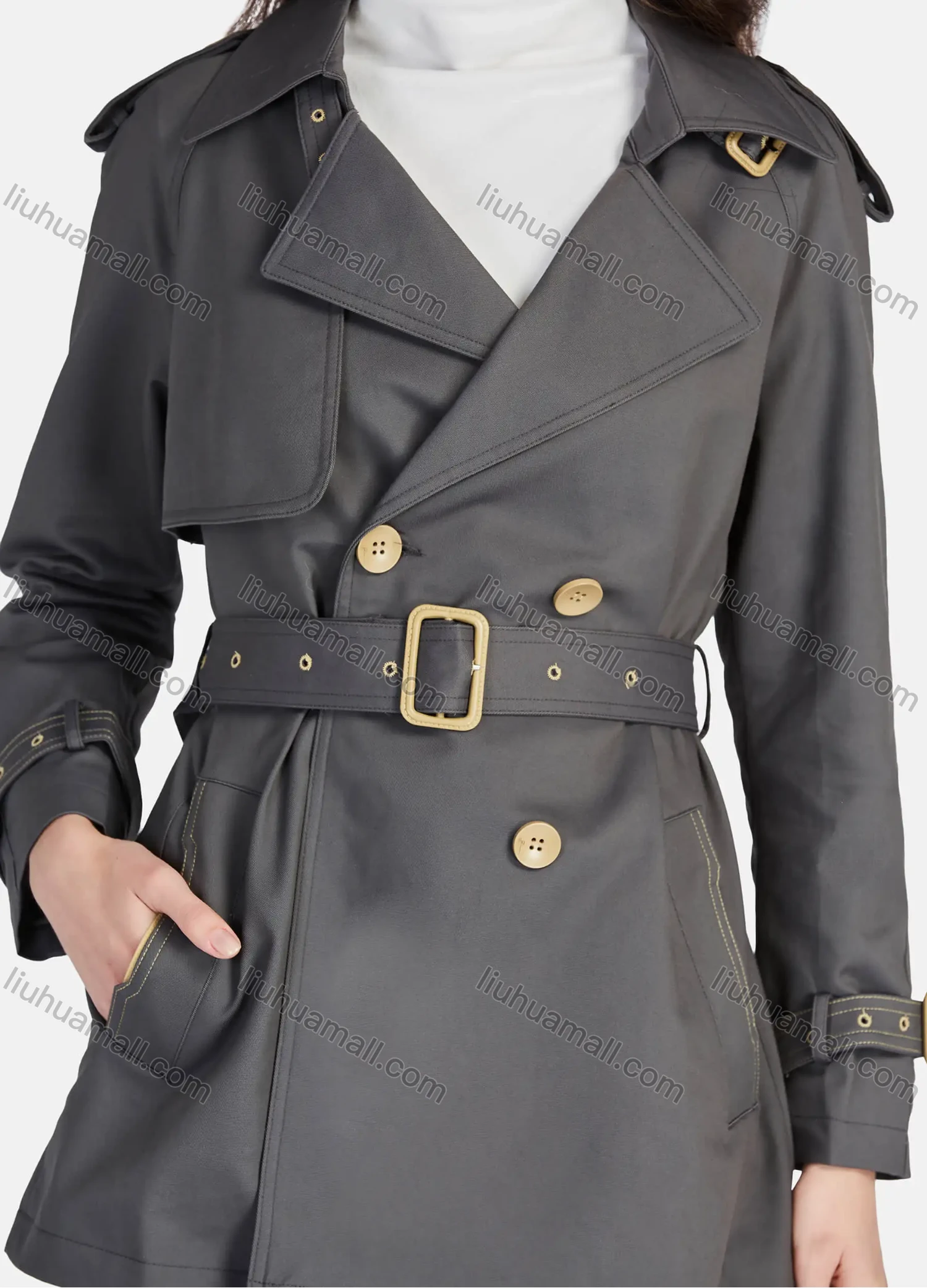 Wholesale Women's Casual Plain Lapel Long Sleeve 3 Buttons Pockets Trench Coat With Belt 21025# - Liuhuamall