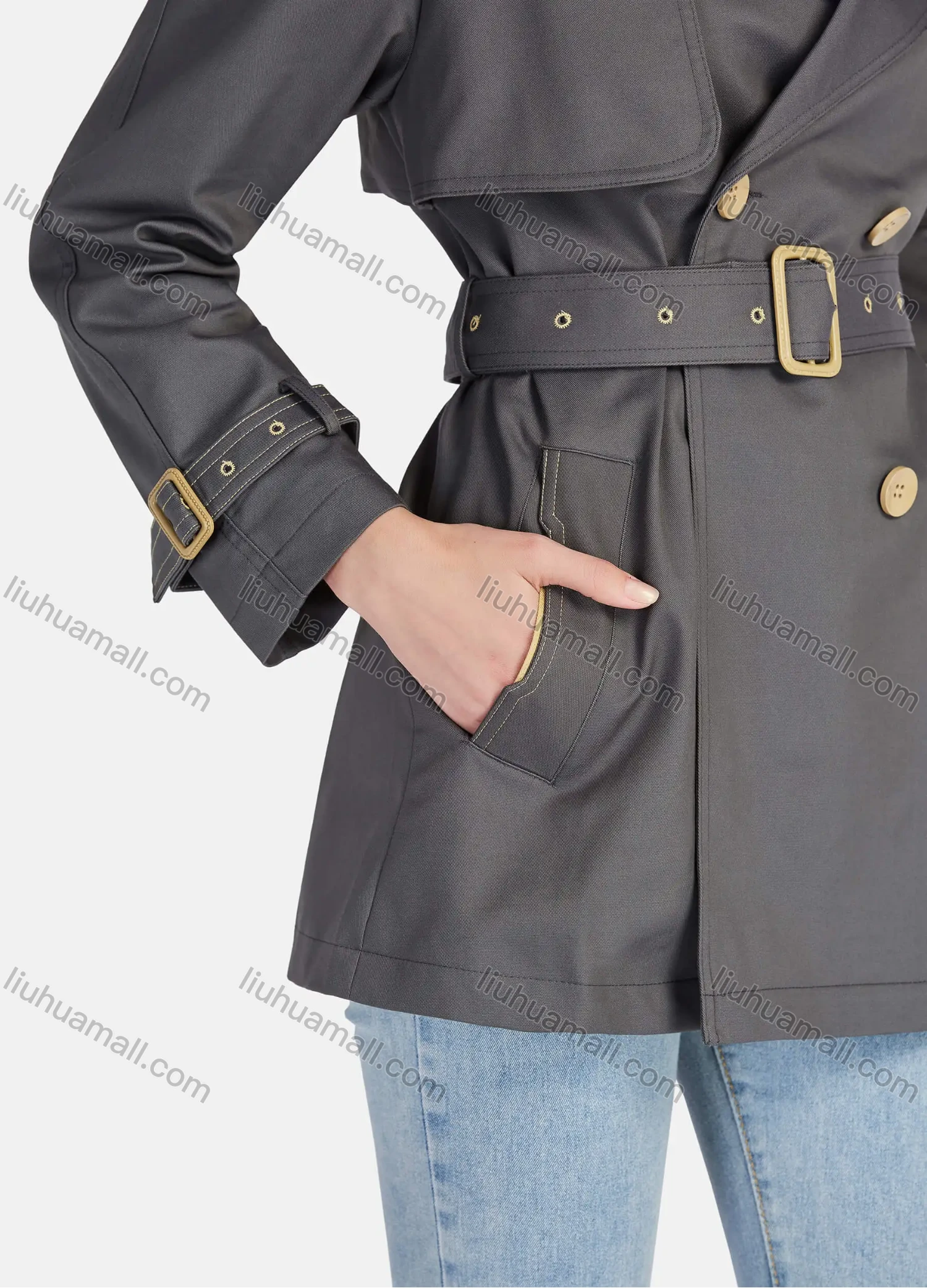 Wholesale Women's Casual Plain Lapel Long Sleeve 3 Buttons Pockets Trench Coat With Belt 21025# - Liuhuamall