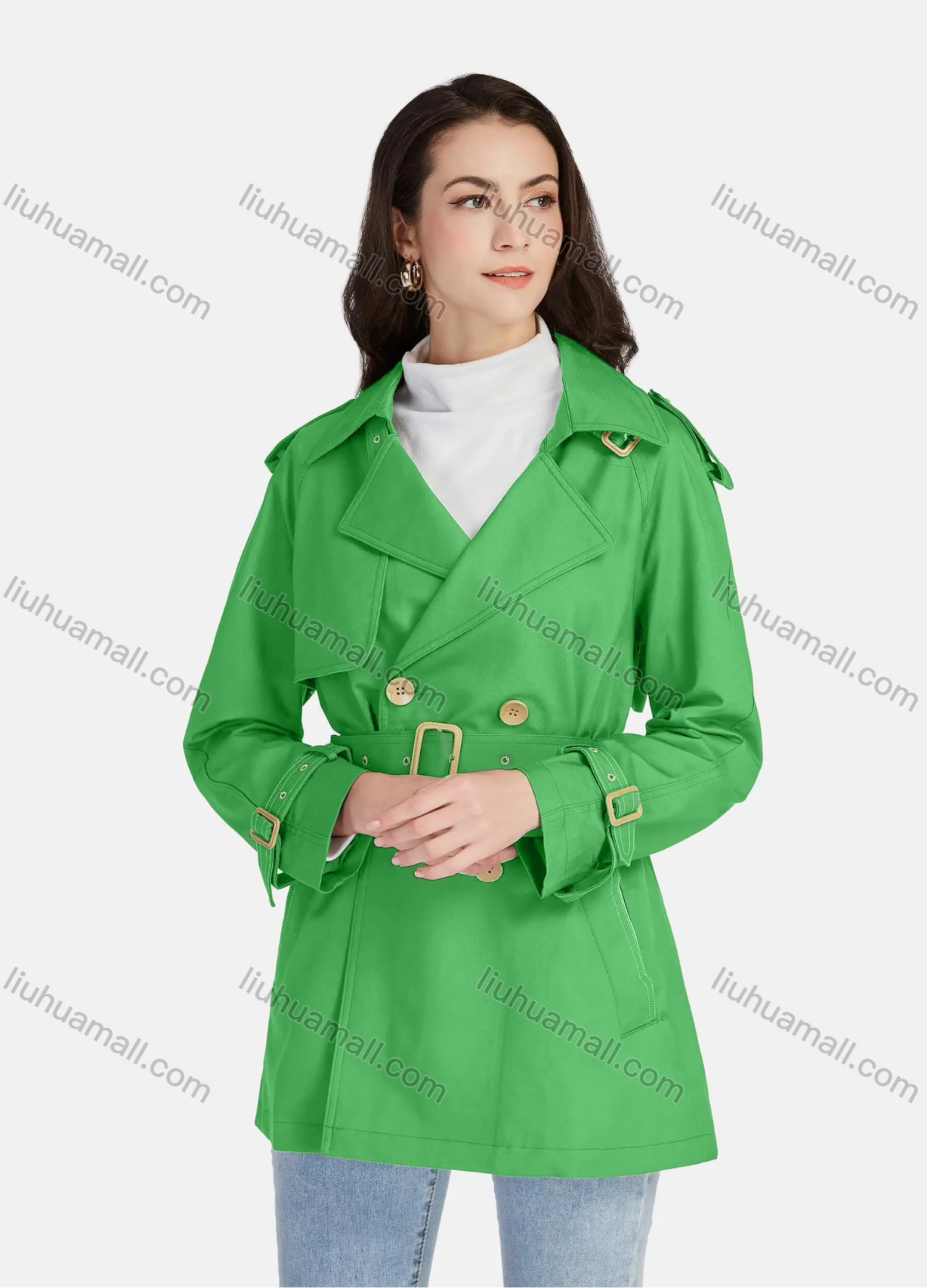 Wholesale Women's Casual Plain Lapel Long Sleeve 3 Buttons Pockets Trench Coat With Belt 21025# - Liuhuamall