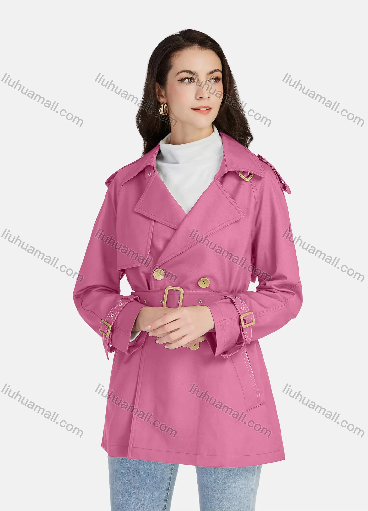 Wholesale Women's Casual Plain Lapel Long Sleeve 3 Buttons Pockets Trench Coat With Belt 21025# - Liuhuamall