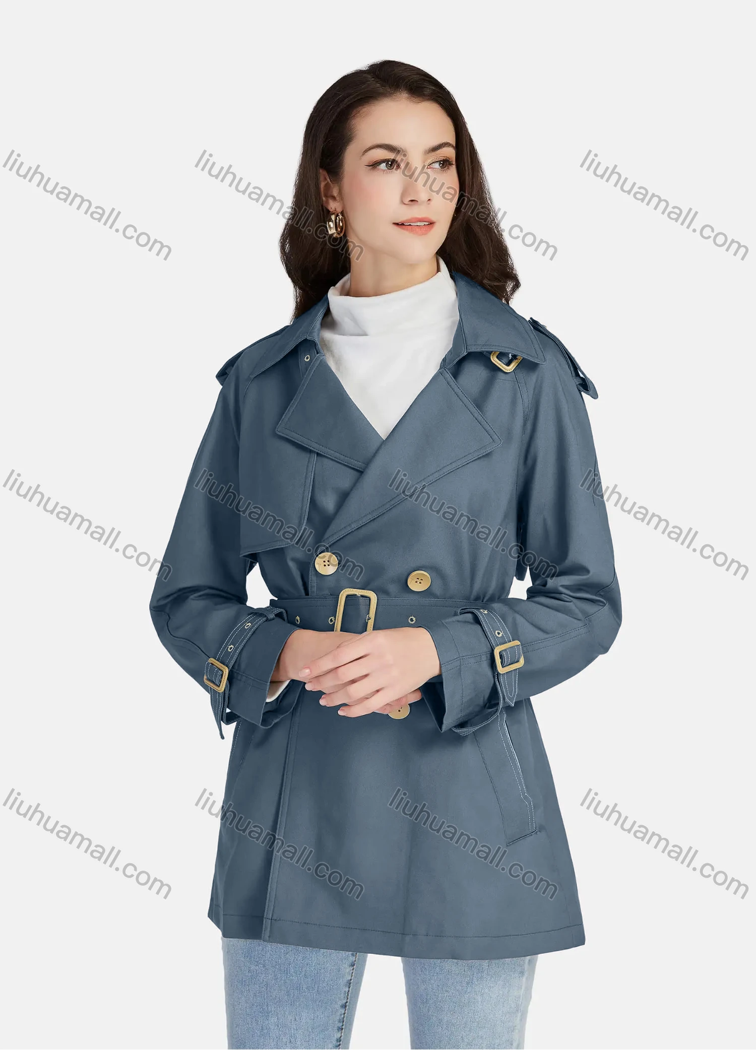 Wholesale Women's Casual Plain Lapel Long Sleeve 3 Buttons Pockets Trench Coat With Belt 21025# - Liuhuamall
