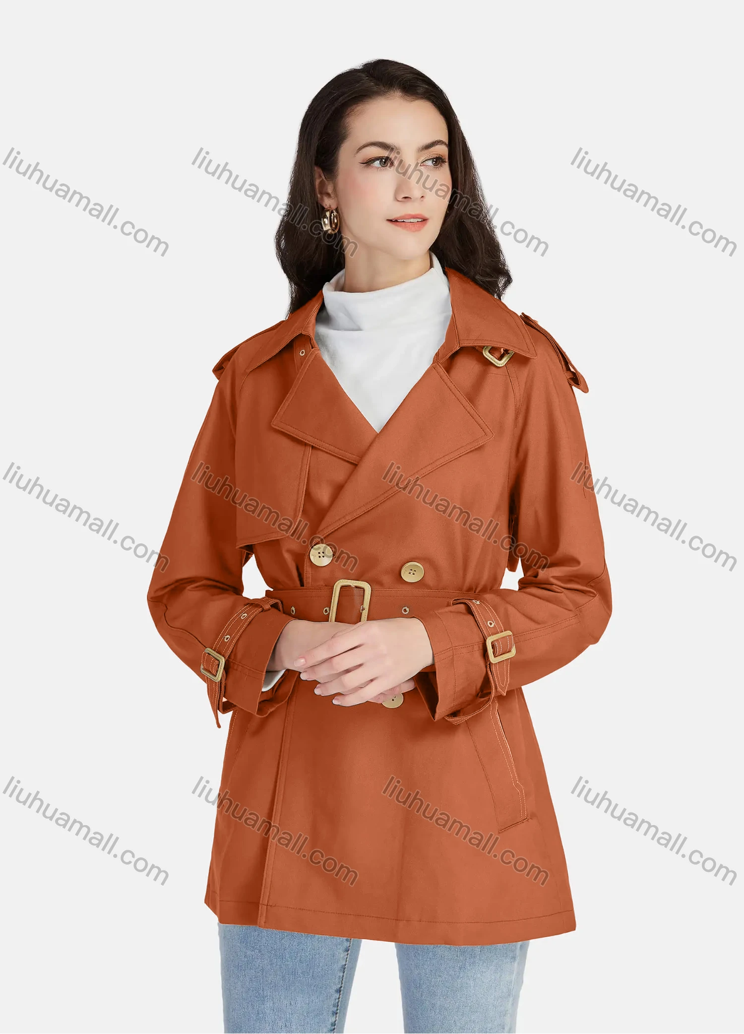 Wholesale Women's Casual Plain Lapel Long Sleeve 3 Buttons Pockets Trench Coat With Belt 21025# - Liuhuamall