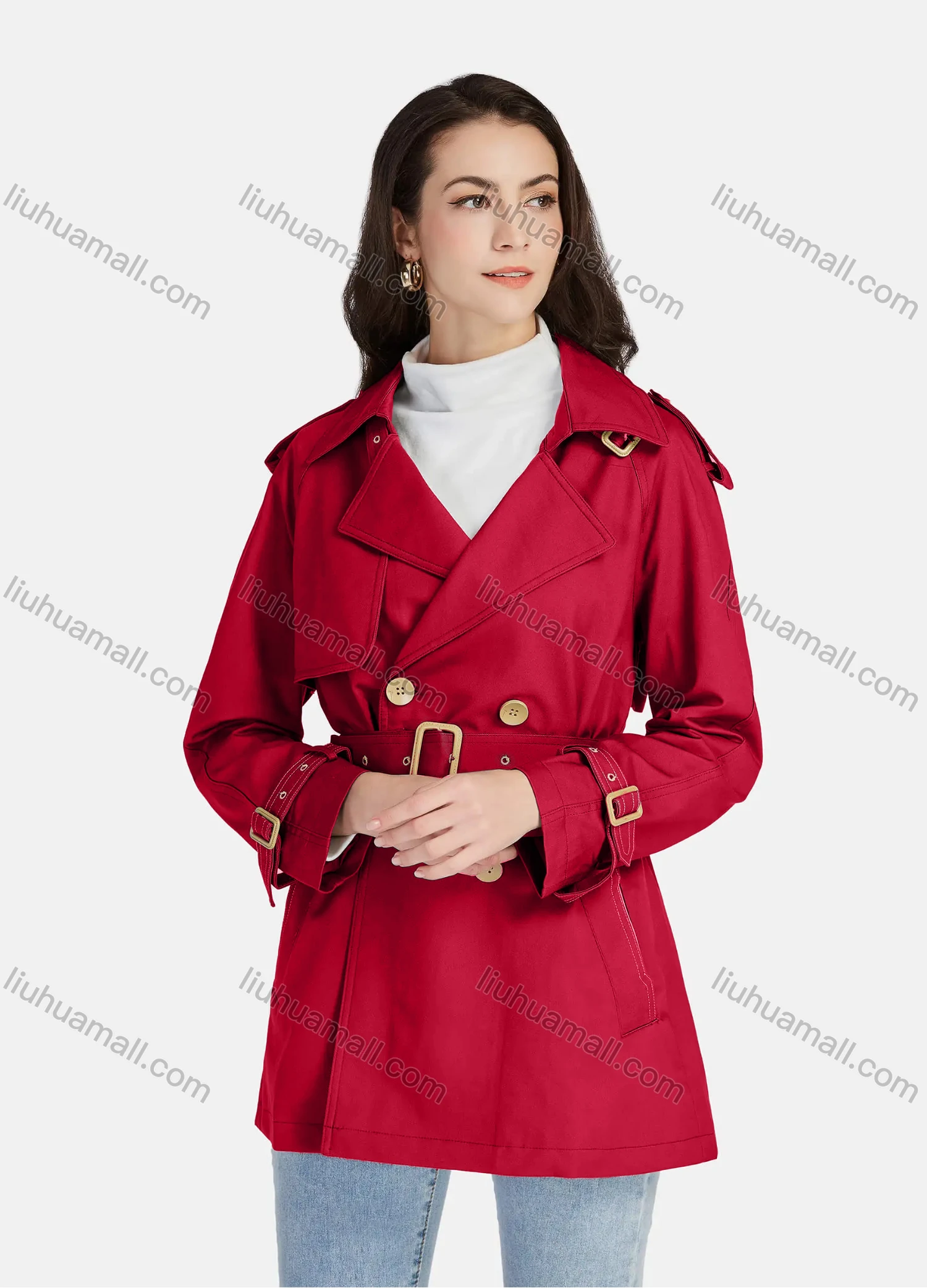Wholesale Women's Casual Plain Lapel Long Sleeve 3 Buttons Pockets Trench Coat With Belt 21025# - Liuhuamall