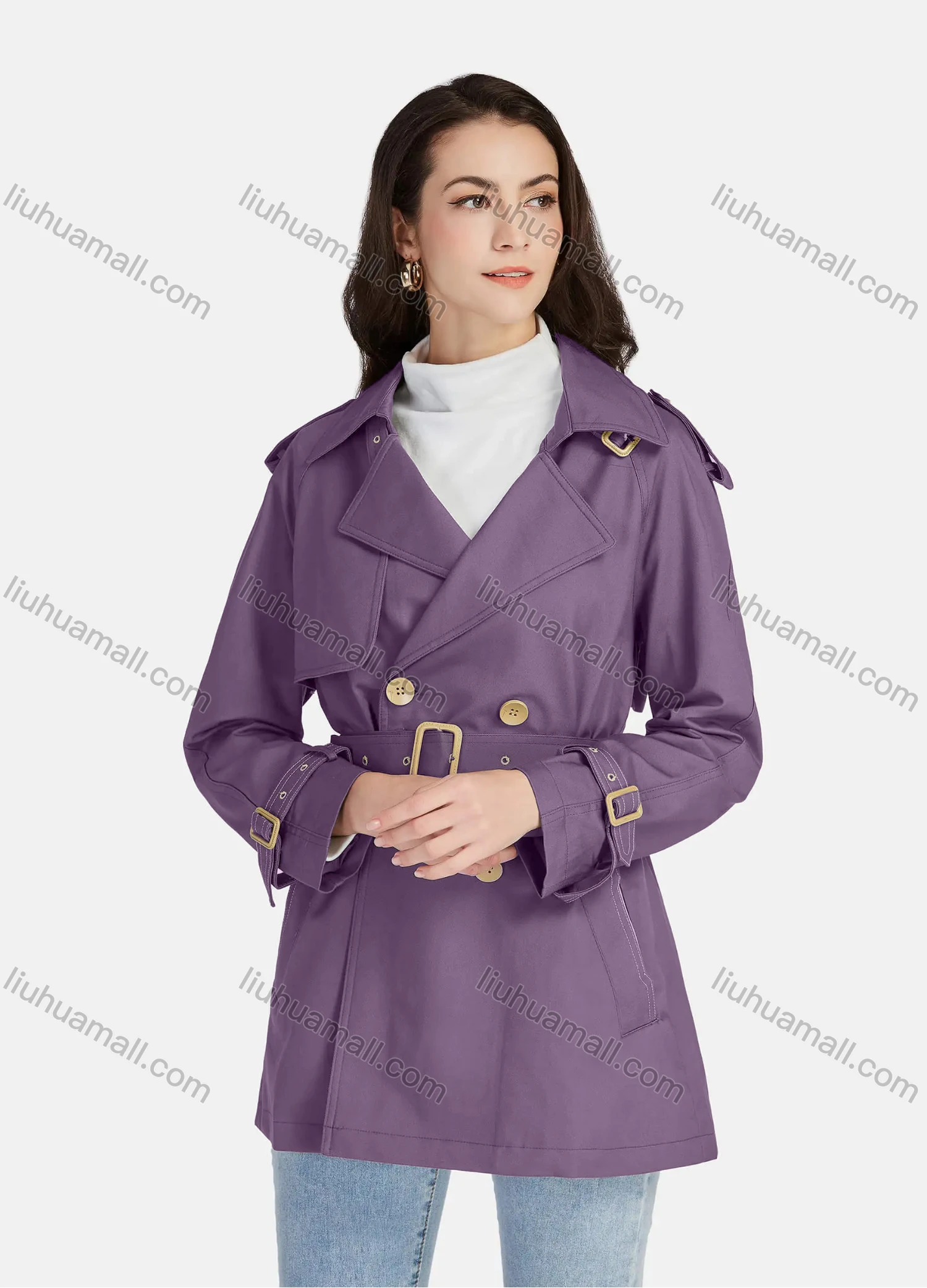 Wholesale Women's Casual Plain Lapel Long Sleeve 3 Buttons Pockets Trench Coat With Belt 21025# - Liuhuamall