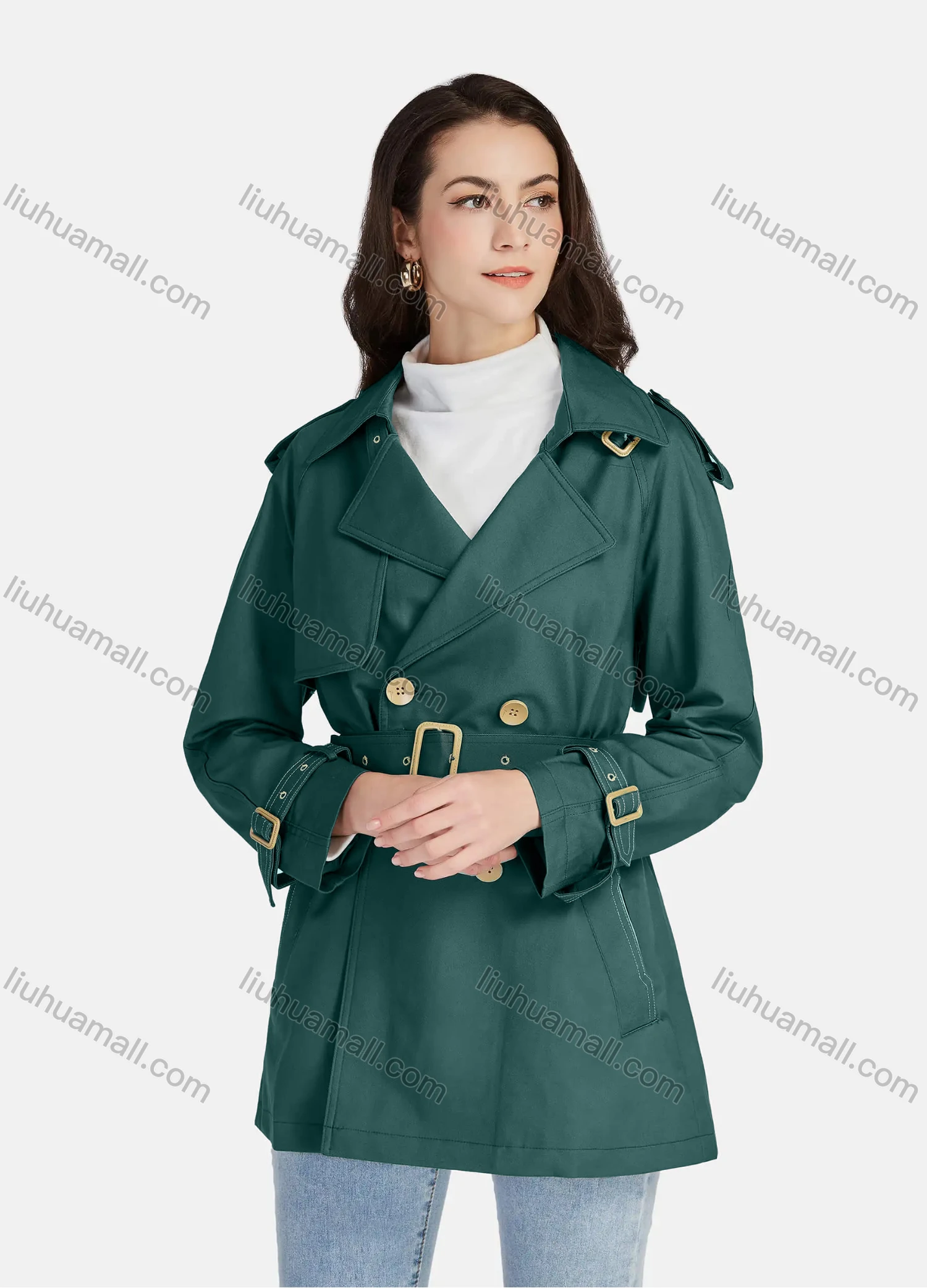 Wholesale Women's Casual Plain Lapel Long Sleeve 3 Buttons Pockets Trench Coat With Belt 21025# - Liuhuamall