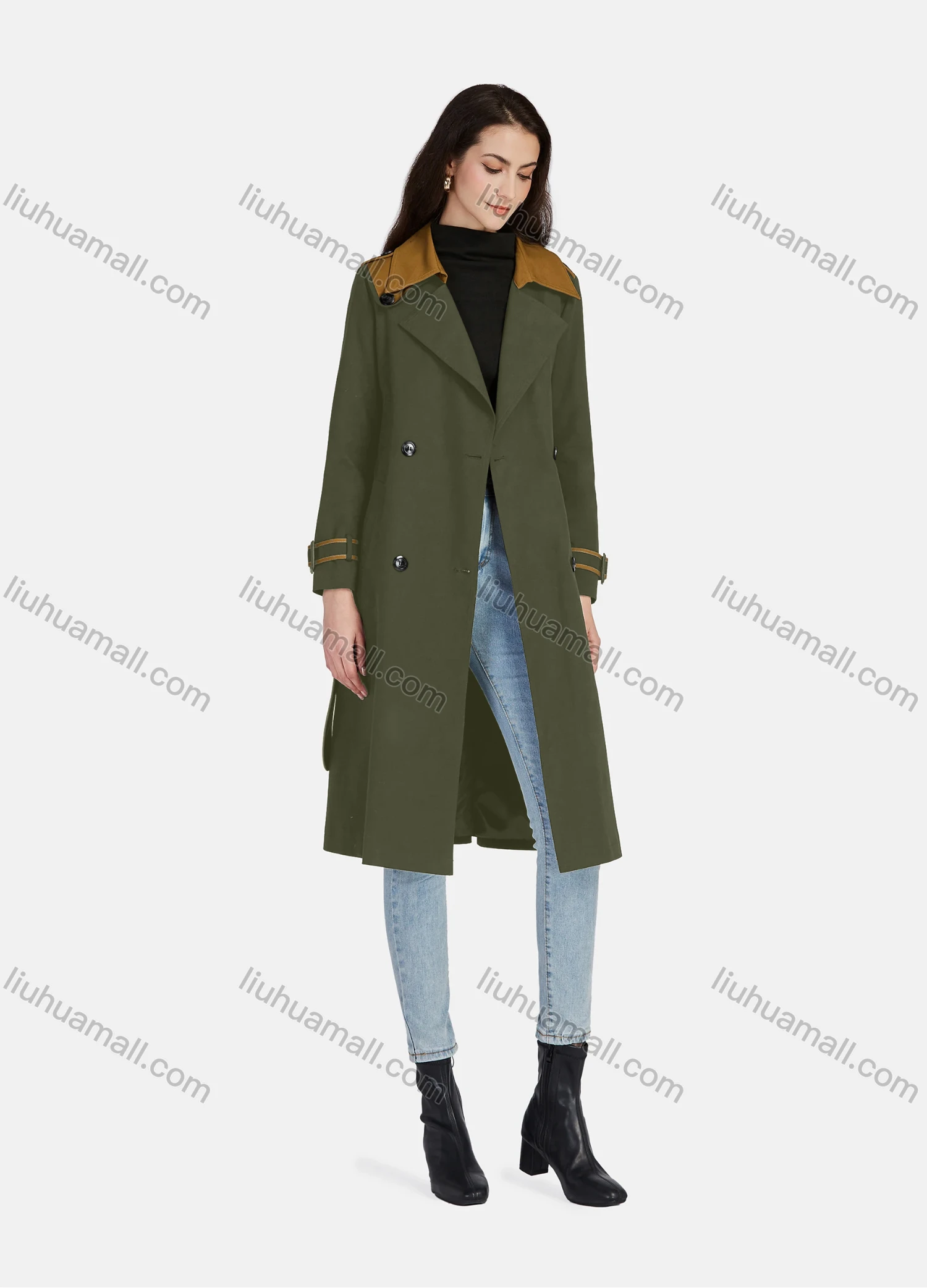 Wholesale Women's Casual Lapel Long Sleeve Double Breasted Pockets Trench Coat With Belt - Liuhuamall