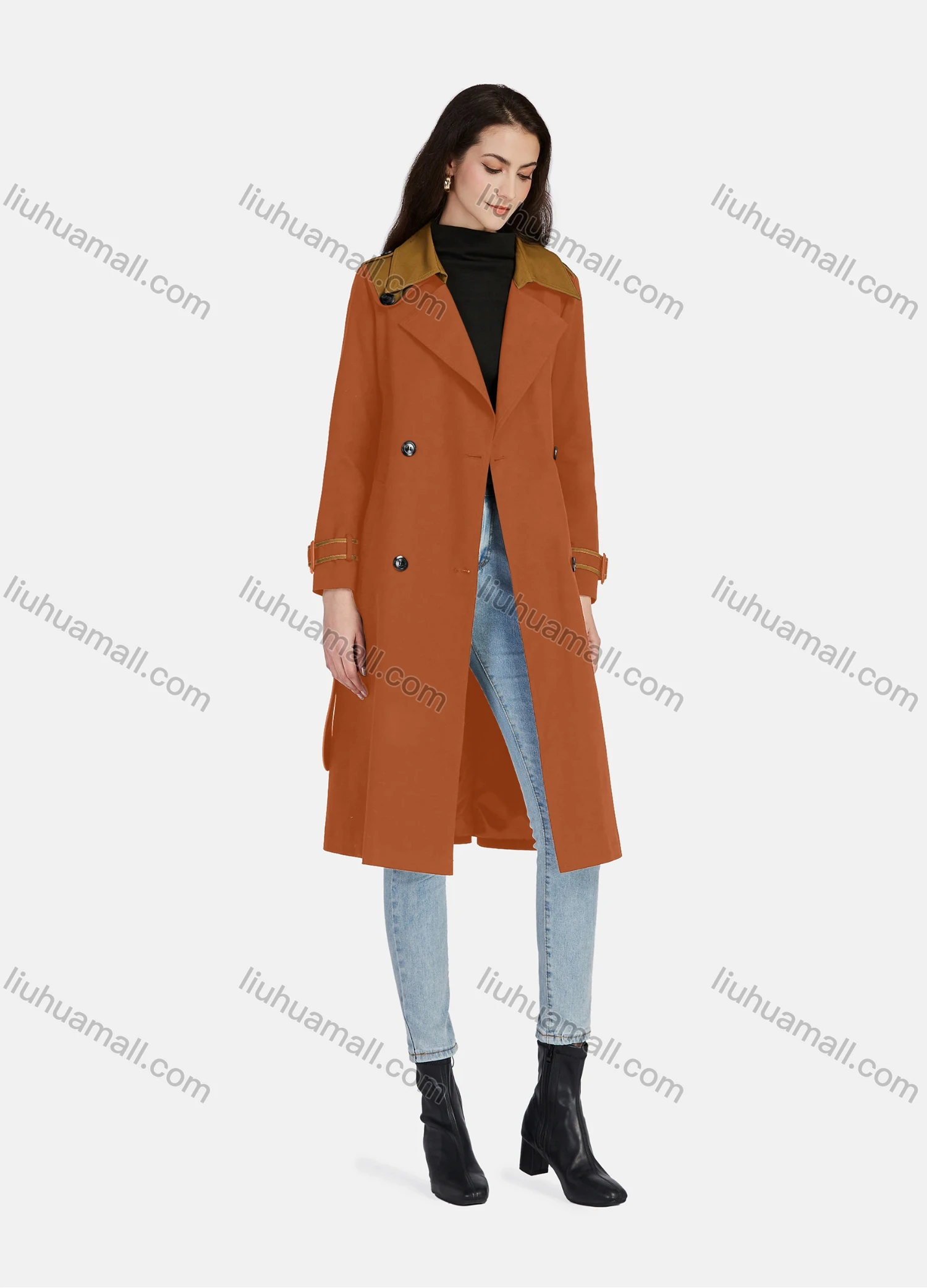 Wholesale Women's Casual Lapel Long Sleeve Double Breasted Pockets Trench Coat With Belt - Liuhuamall