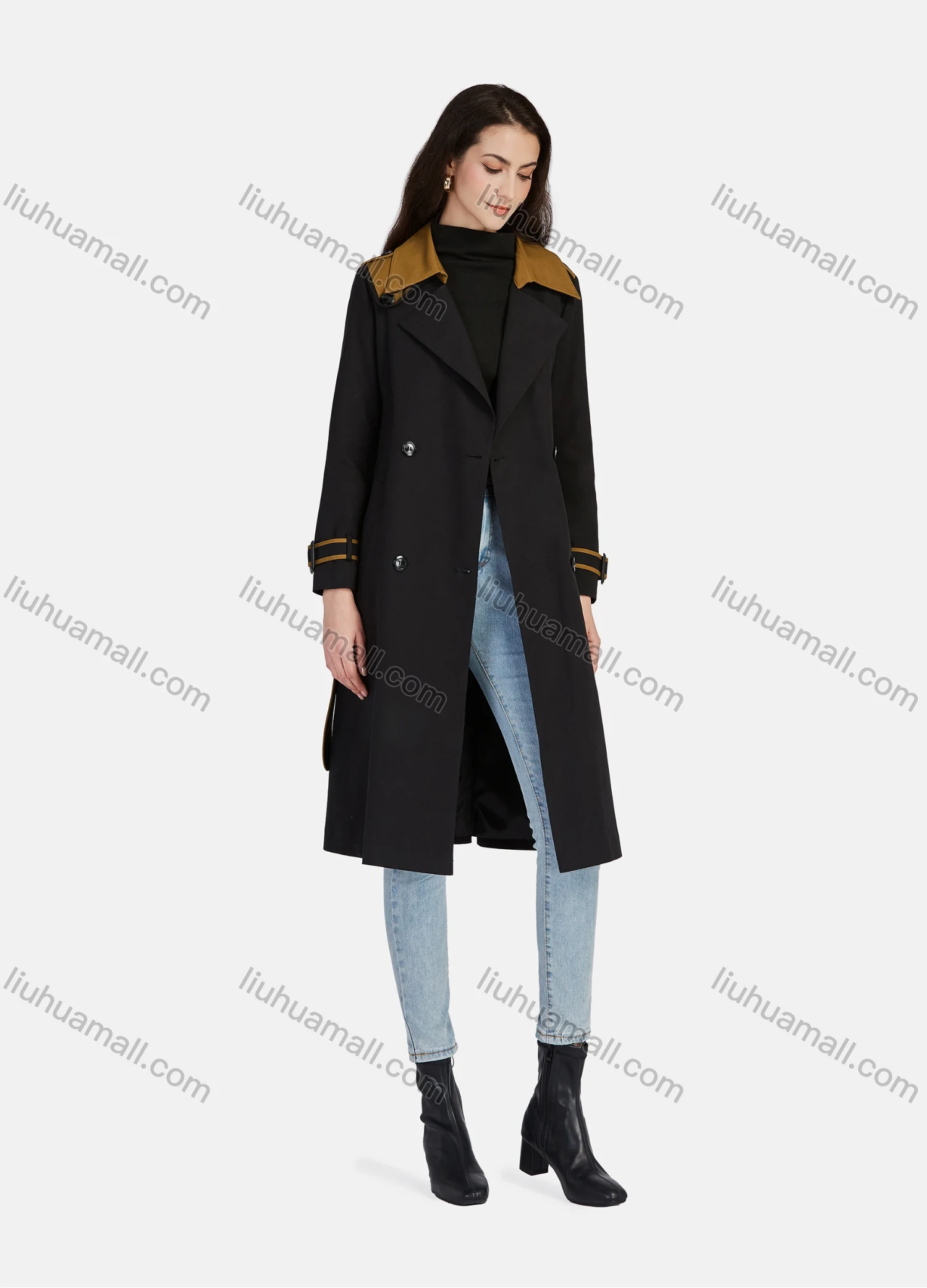 Wholesale Women's Casual Lapel Long Sleeve Double Breasted Pockets Trench Coat With Belt - Liuhuamall