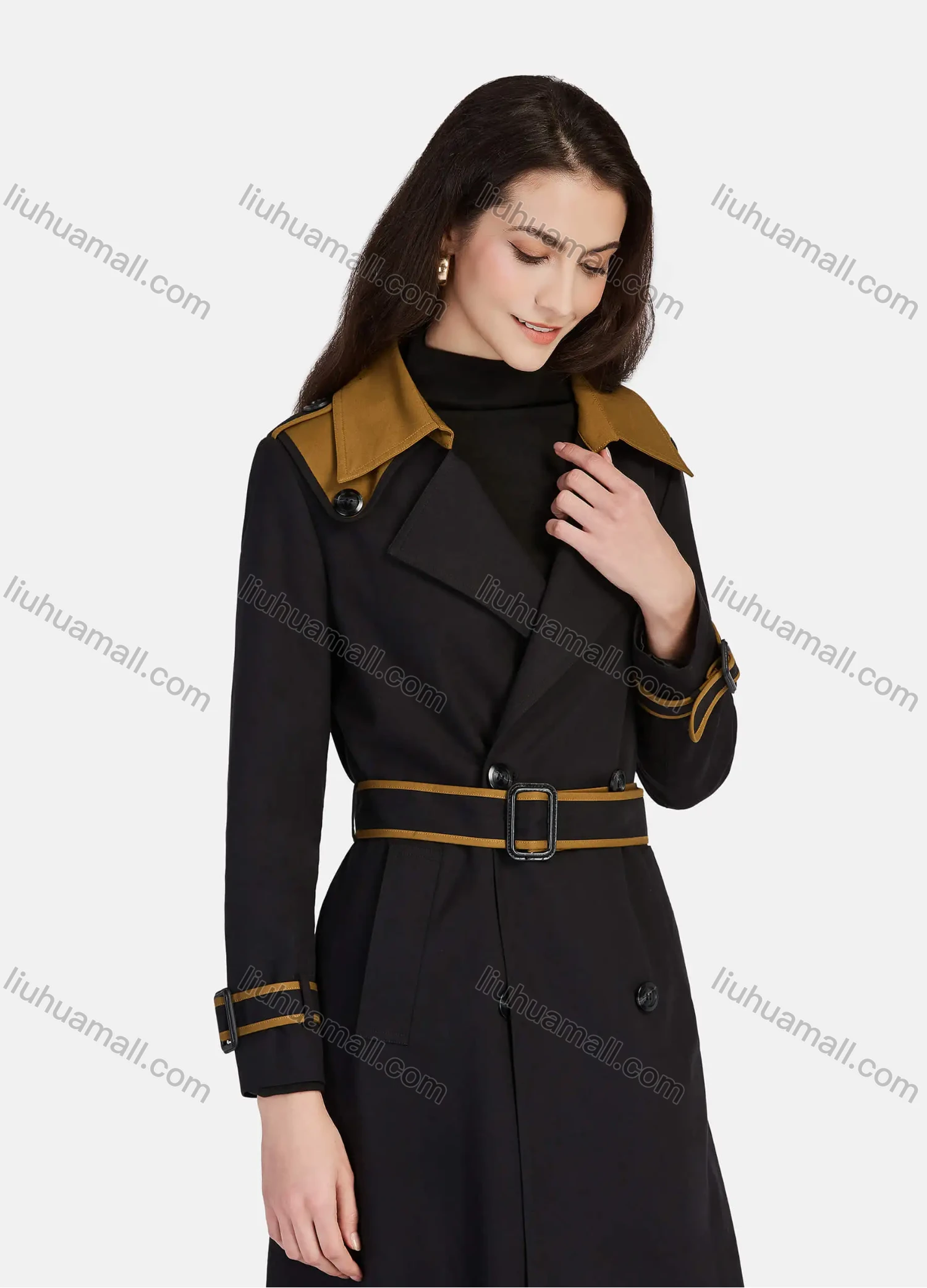 Wholesale Women's Casual Lapel Long Sleeve Double Breasted Pockets Trench Coat With Belt - Liuhuamall