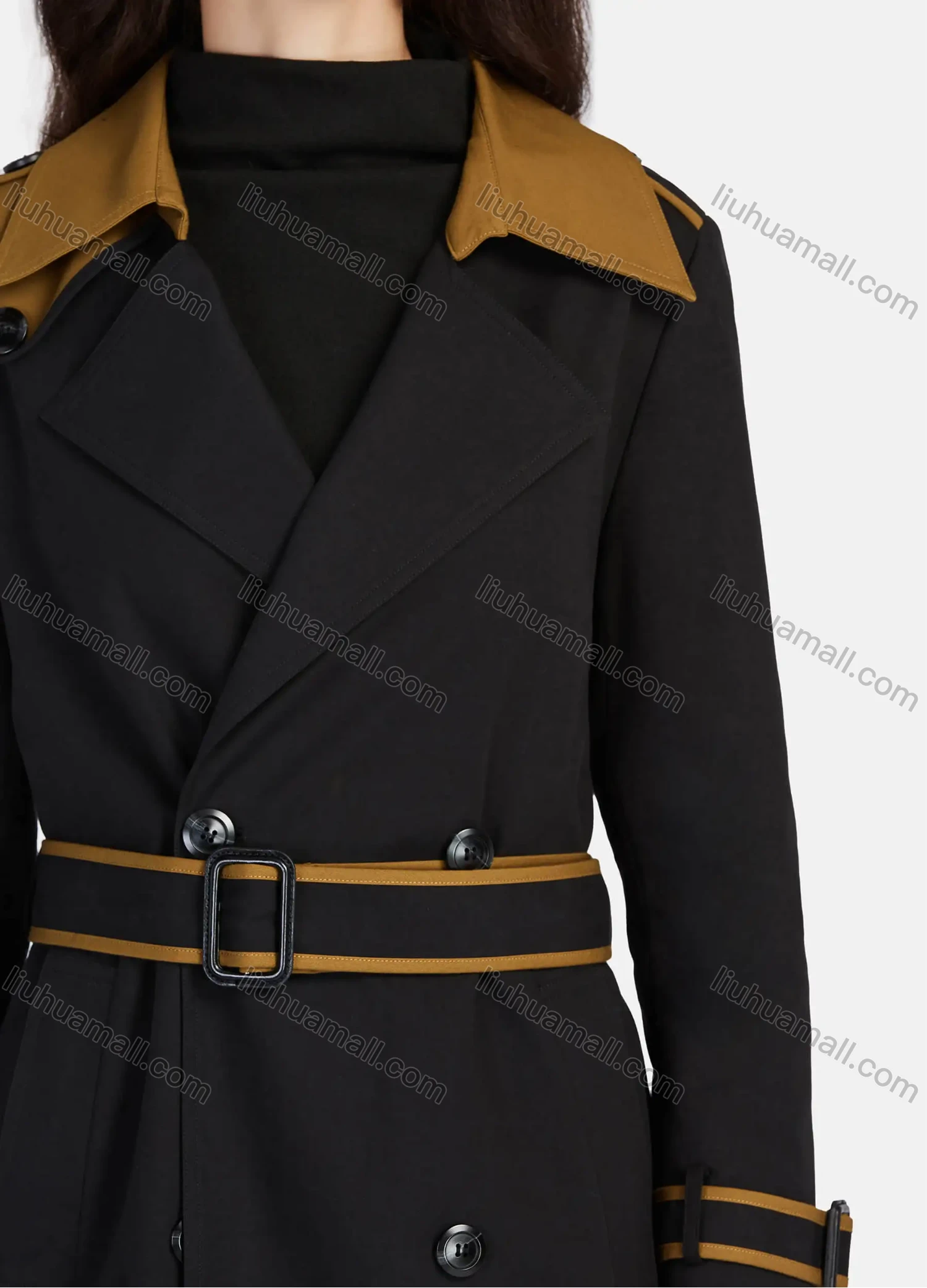 Wholesale Women's Casual Lapel Long Sleeve Double Breasted Pockets Trench Coat With Belt - Liuhuamall