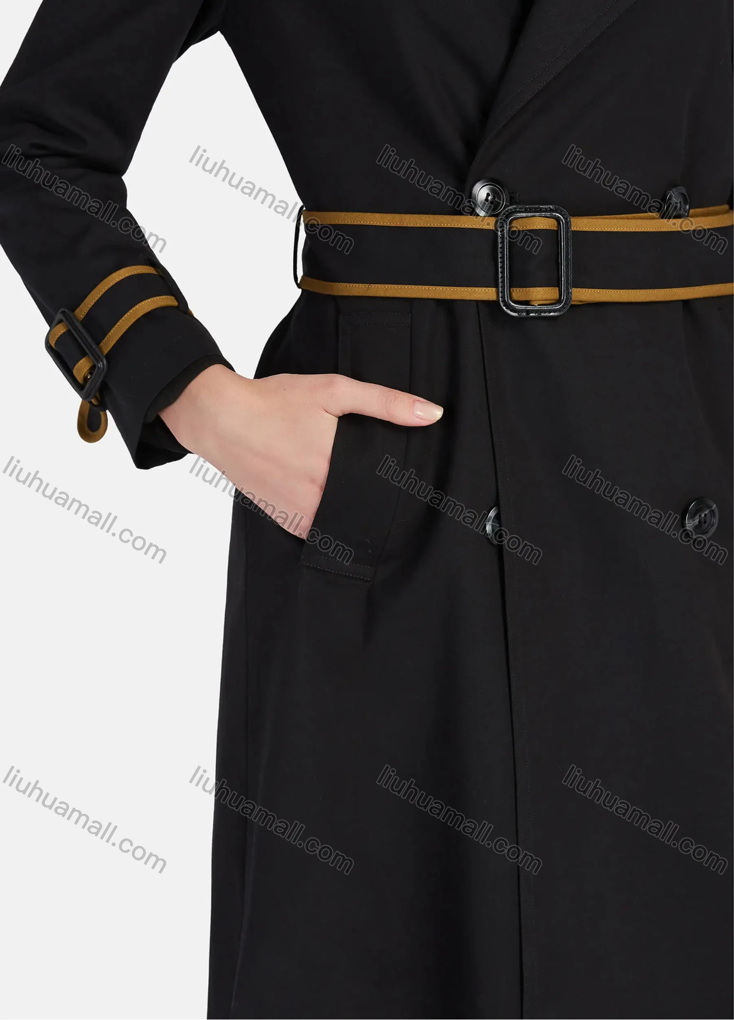 Wholesale Women's Casual Lapel Long Sleeve Double Breasted Pockets Trench Coat With Belt - Liuhuamall