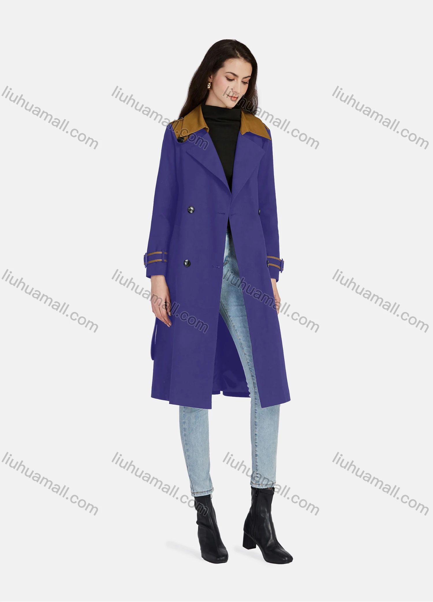 Wholesale Women's Casual Lapel Long Sleeve Double Breasted Pockets Trench Coat With Belt - Liuhuamall