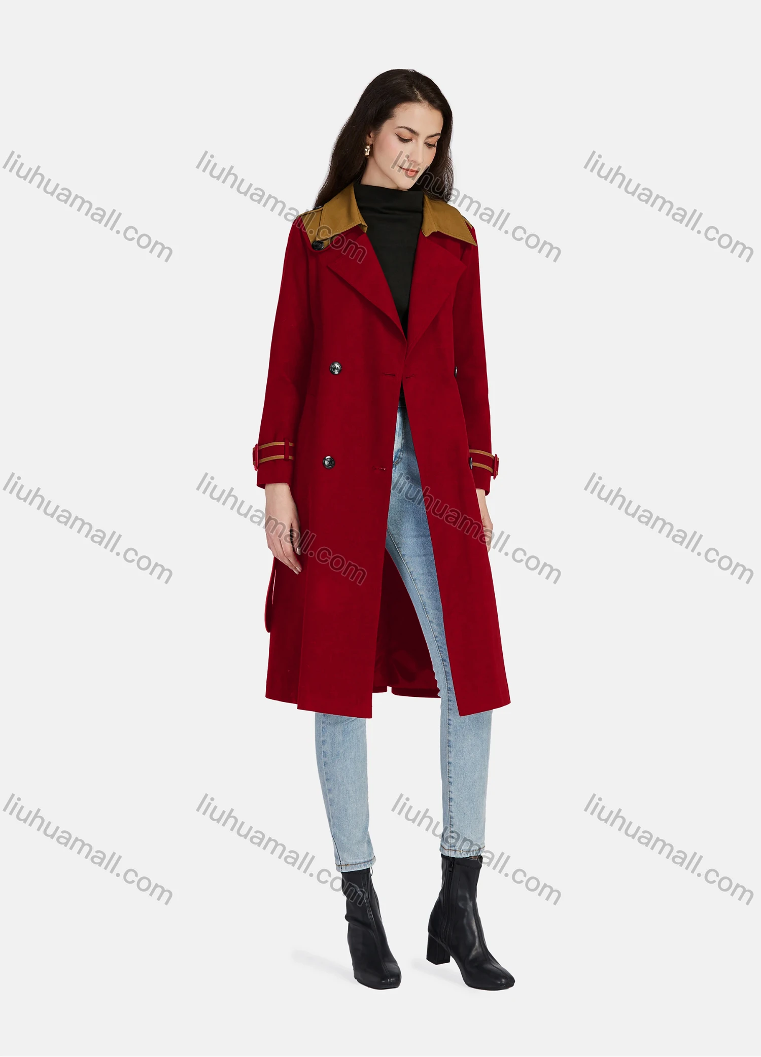 Wholesale Women's Casual Lapel Long Sleeve Double Breasted Pockets Trench Coat With Belt - Liuhuamall