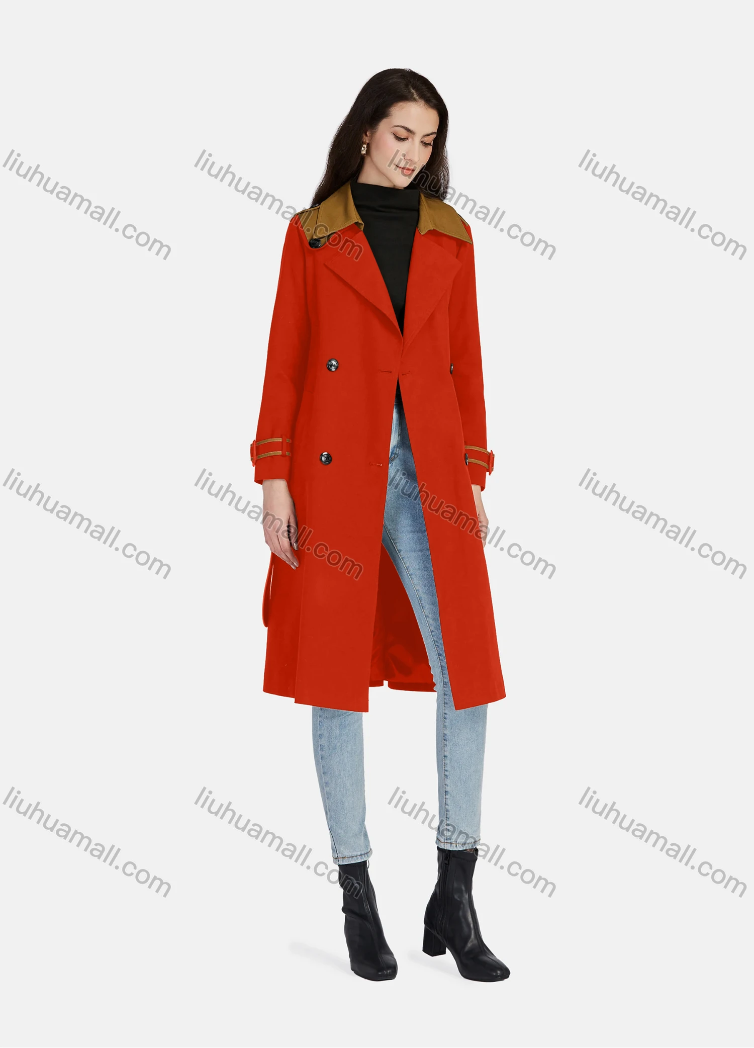Wholesale Women's Casual Lapel Long Sleeve Double Breasted Pockets Trench Coat With Belt - Liuhuamall