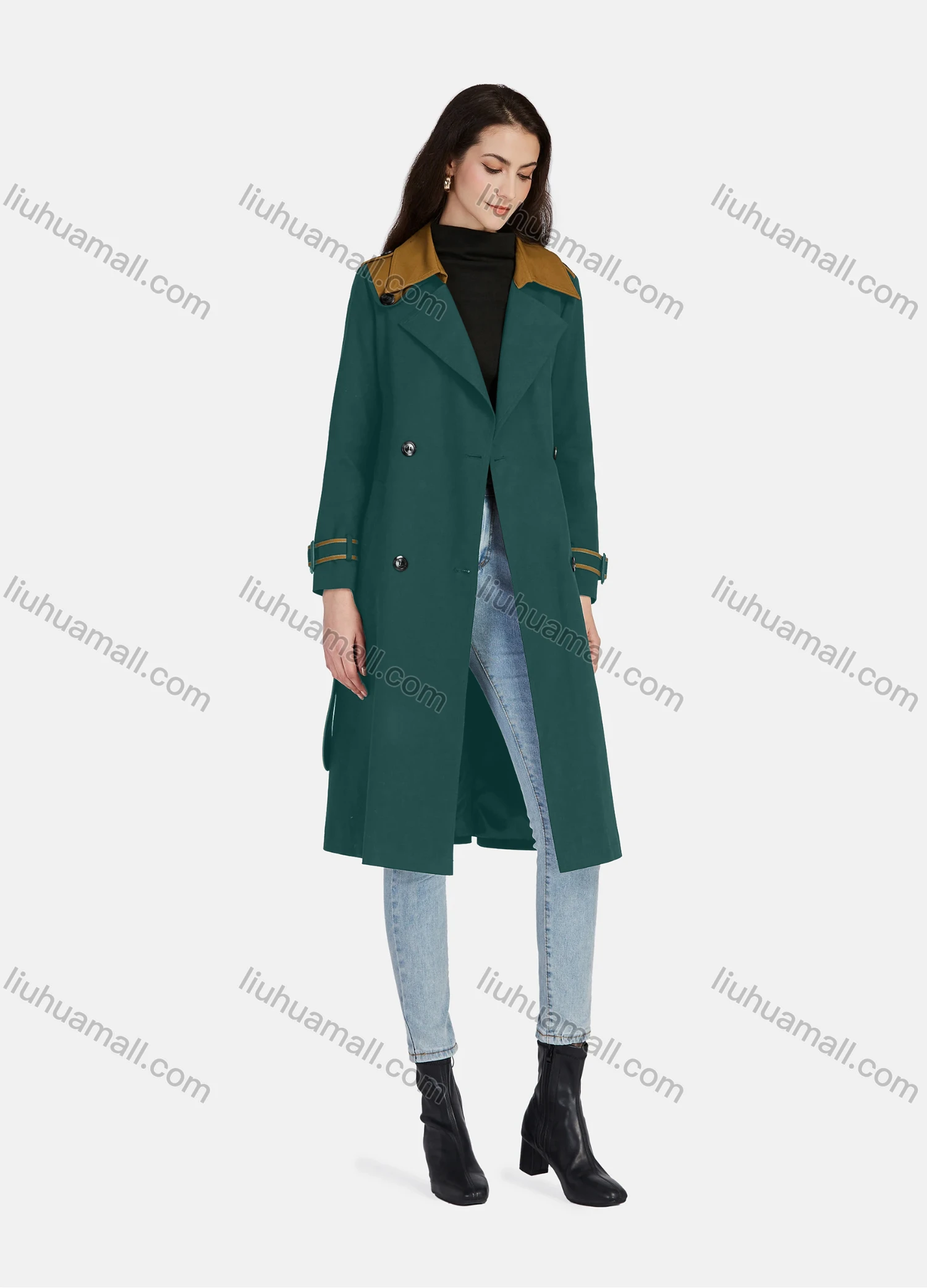 Wholesale Women's Casual Lapel Long Sleeve Double Breasted Pockets Trench Coat With Belt - Liuhuamall