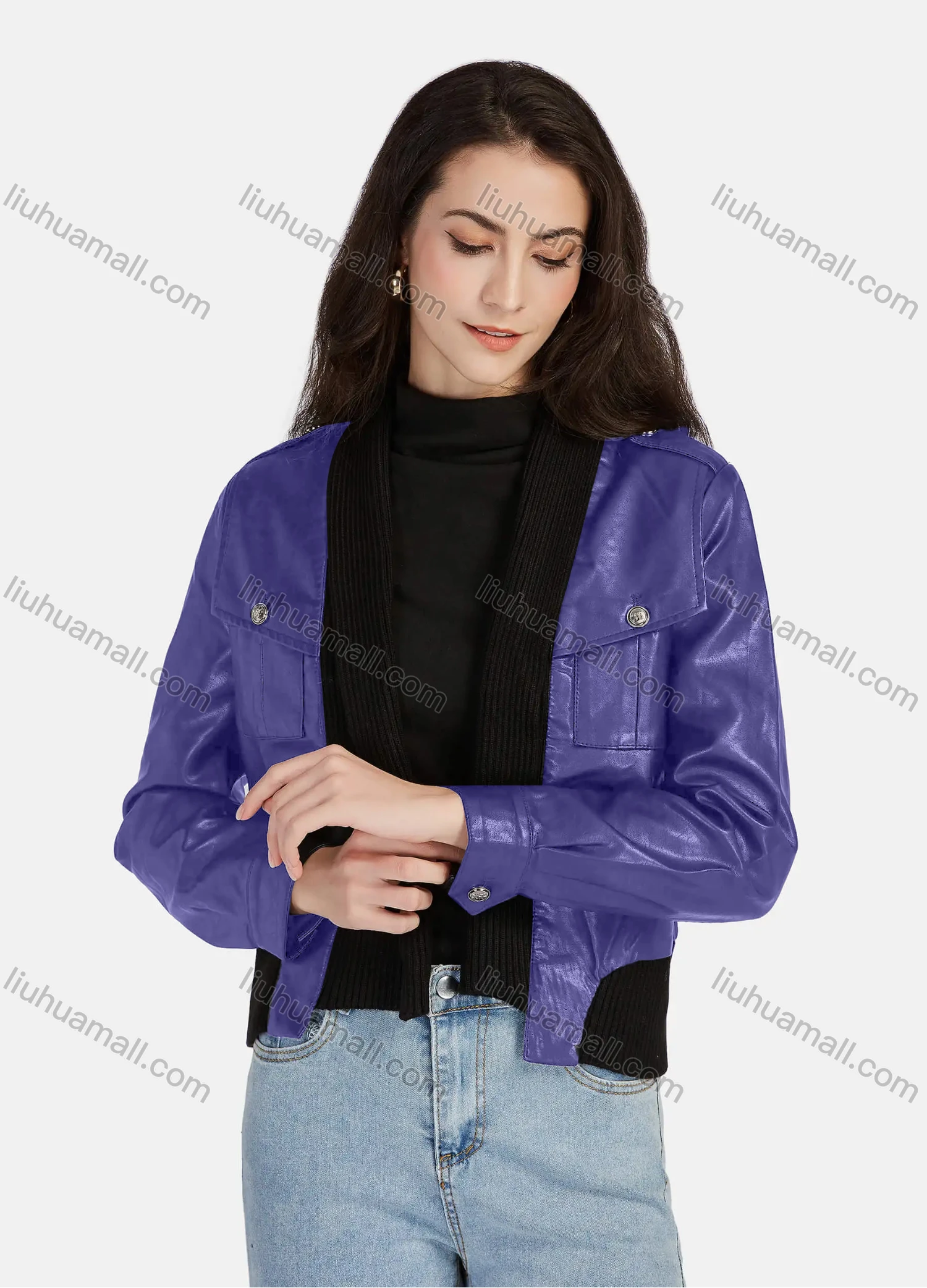Wholesale Women's Casual Plain Open Front Long Sleeve Stitching Knit Leather Jacket A130# - Liuhuamall