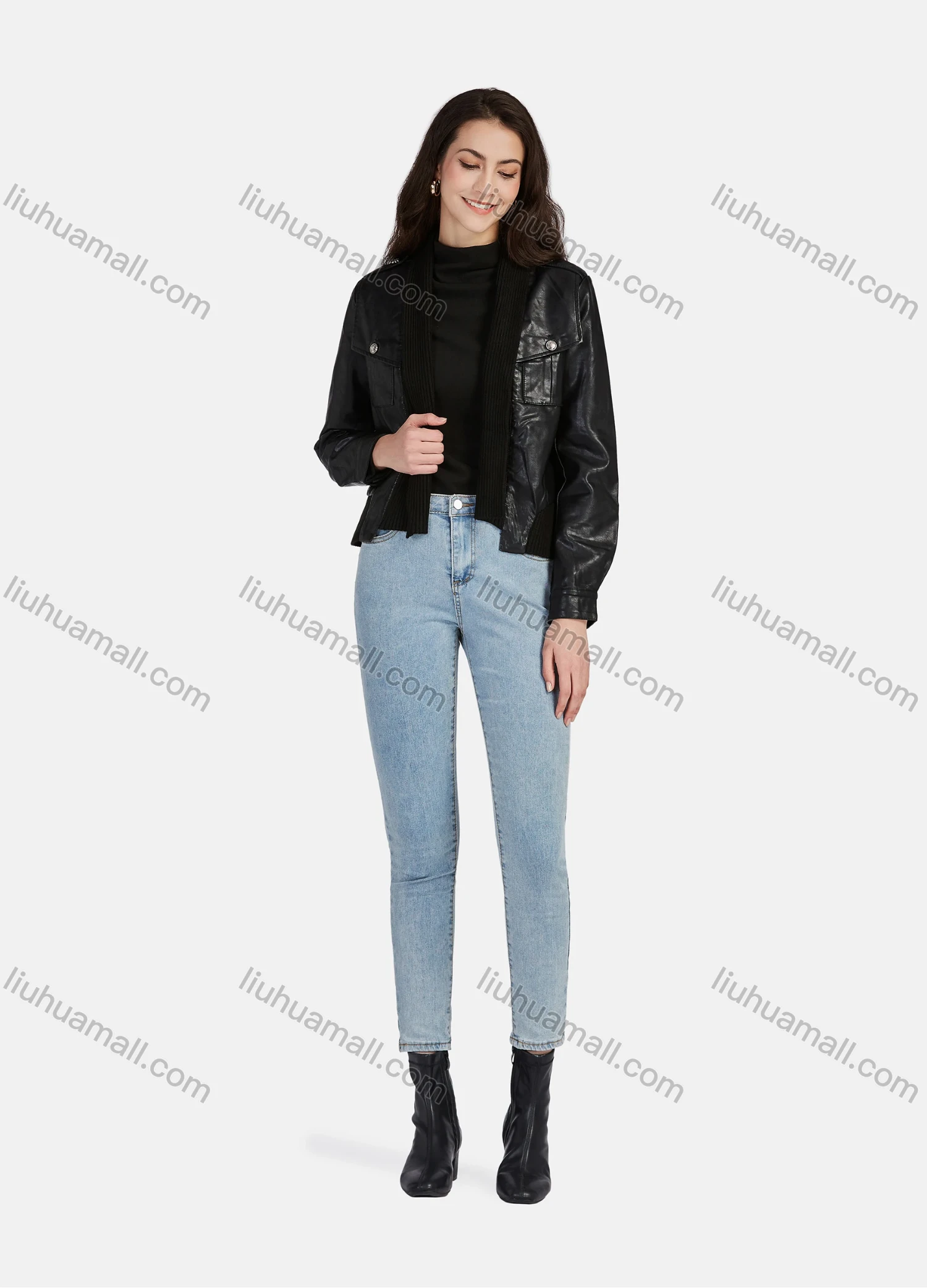 Wholesale Women's Casual Plain Open Front Long Sleeve Stitching Knit Leather Jacket A130# - Liuhuamall