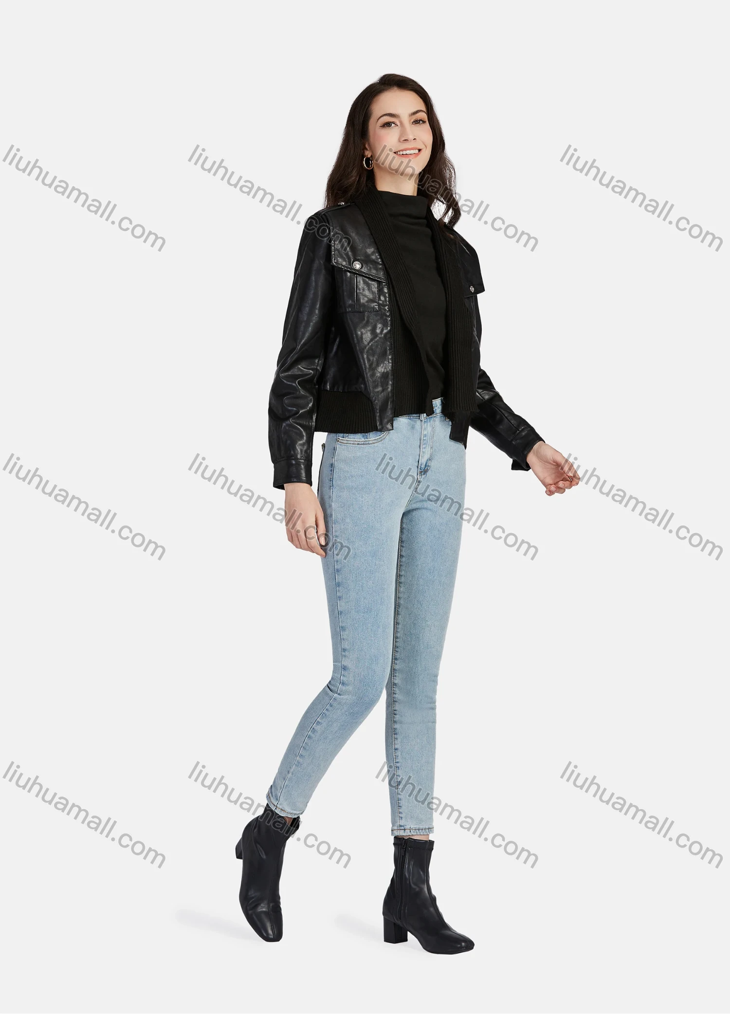 Wholesale Women's Casual Plain Open Front Long Sleeve Stitching Knit Leather Jacket A130# - Liuhuamall