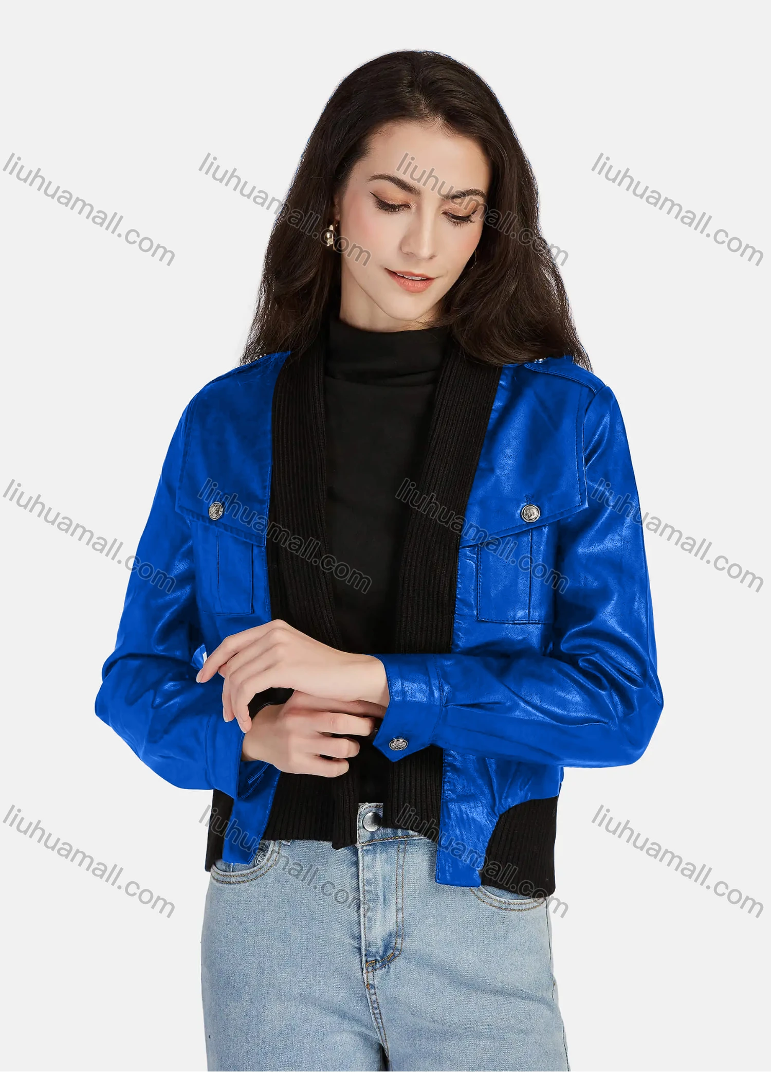 Wholesale Women's Casual Plain Open Front Long Sleeve Stitching Knit Leather Jacket A130# - Liuhuamall