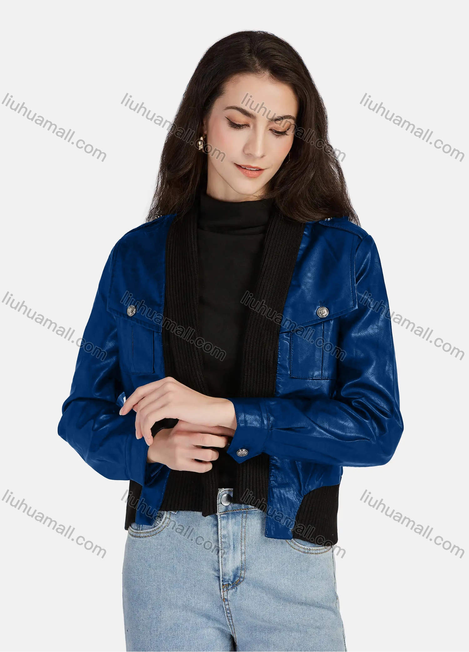 Wholesale Women's Casual Plain Open Front Long Sleeve Stitching Knit Leather Jacket A130# - Liuhuamall