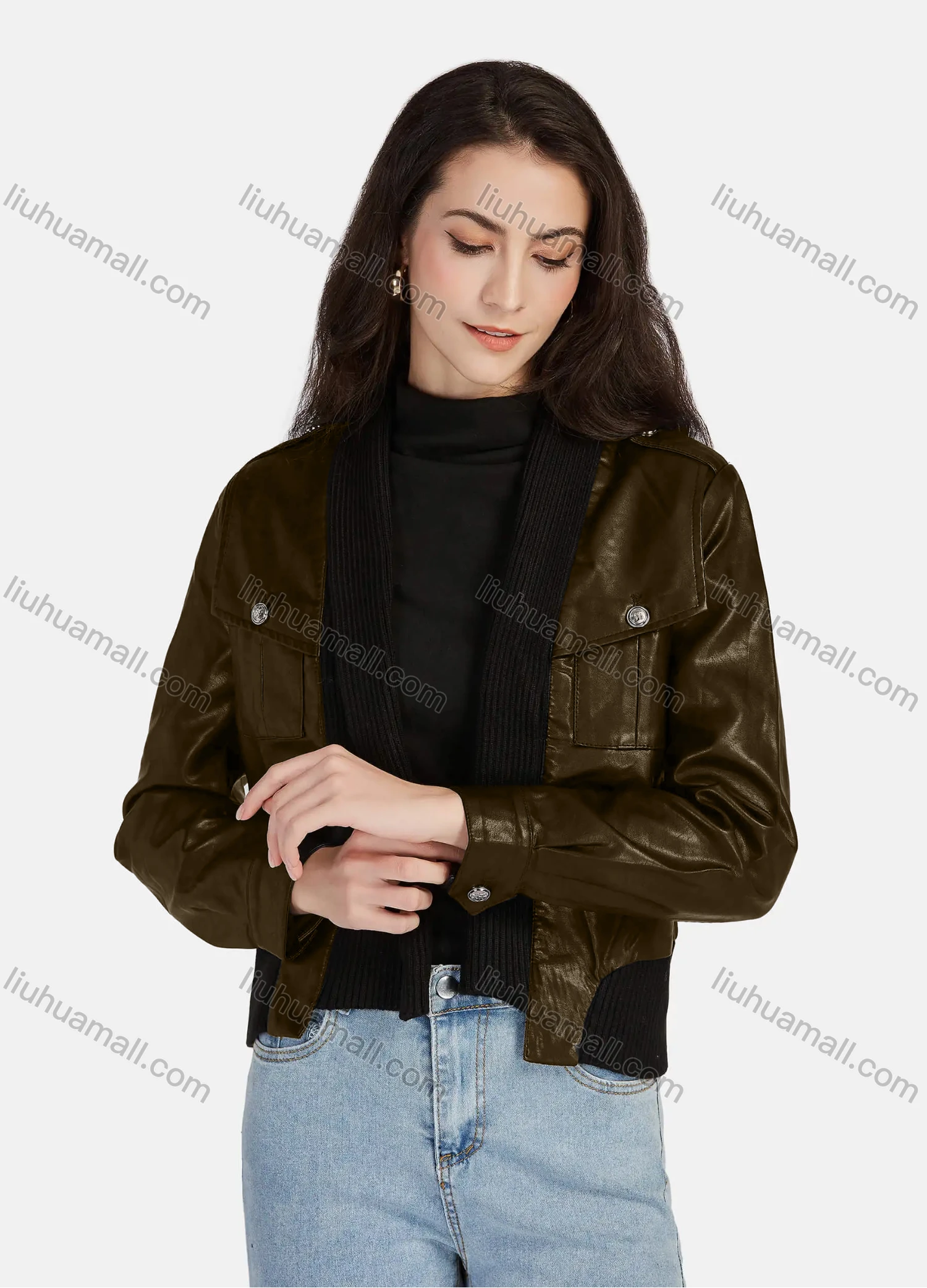 Wholesale Women's Casual Plain Open Front Long Sleeve Stitching Knit Leather Jacket A130# - Liuhuamall