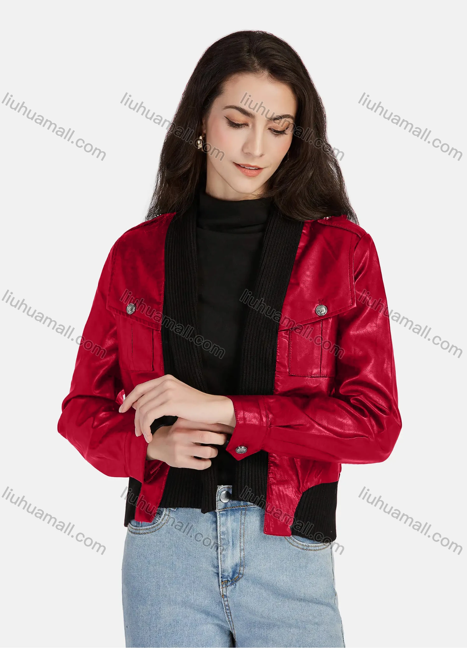 Wholesale Women's Casual Plain Open Front Long Sleeve Stitching Knit Leather Jacket A130# - Liuhuamall