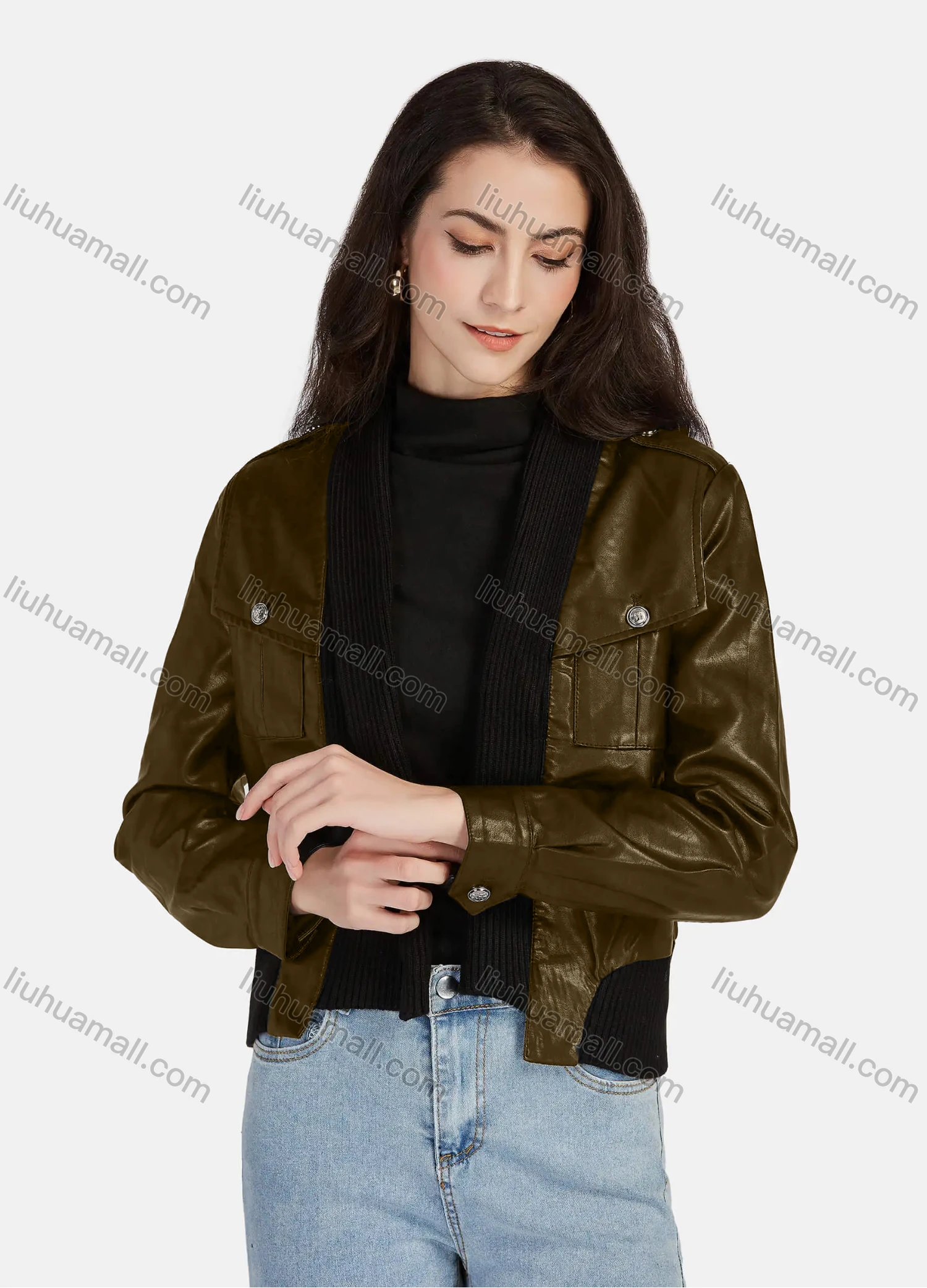 Wholesale Women's Casual Plain Open Front Long Sleeve Stitching Knit Leather Jacket A130# - Liuhuamall