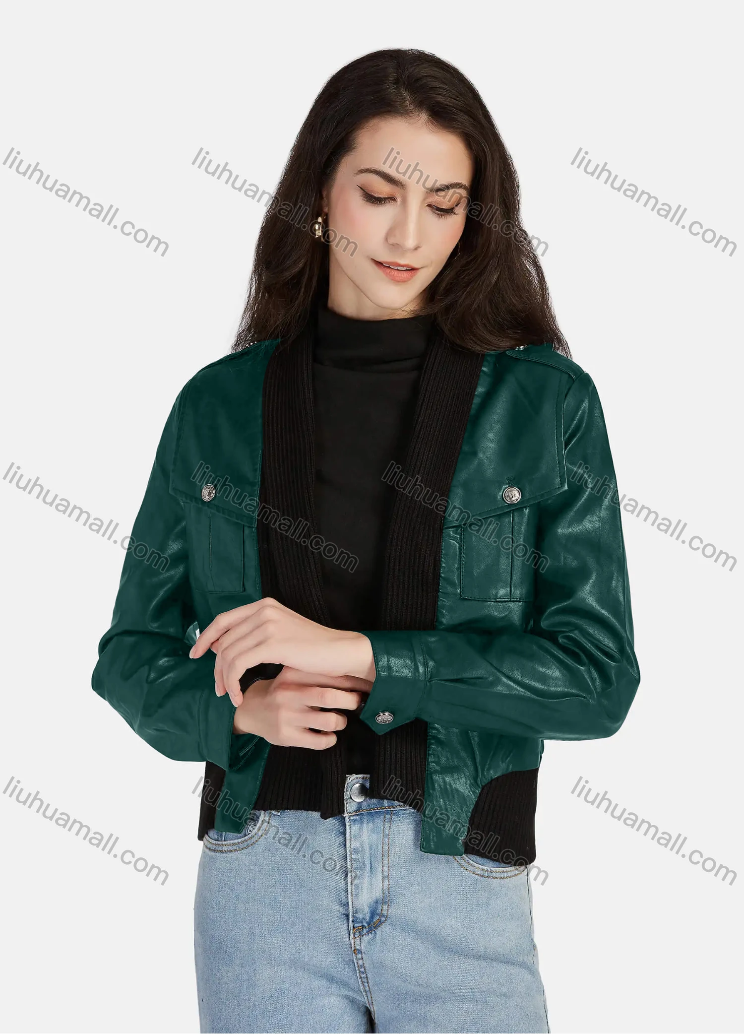 Wholesale Women's Casual Plain Open Front Long Sleeve Stitching Knit Leather Jacket A130# - Liuhuamall