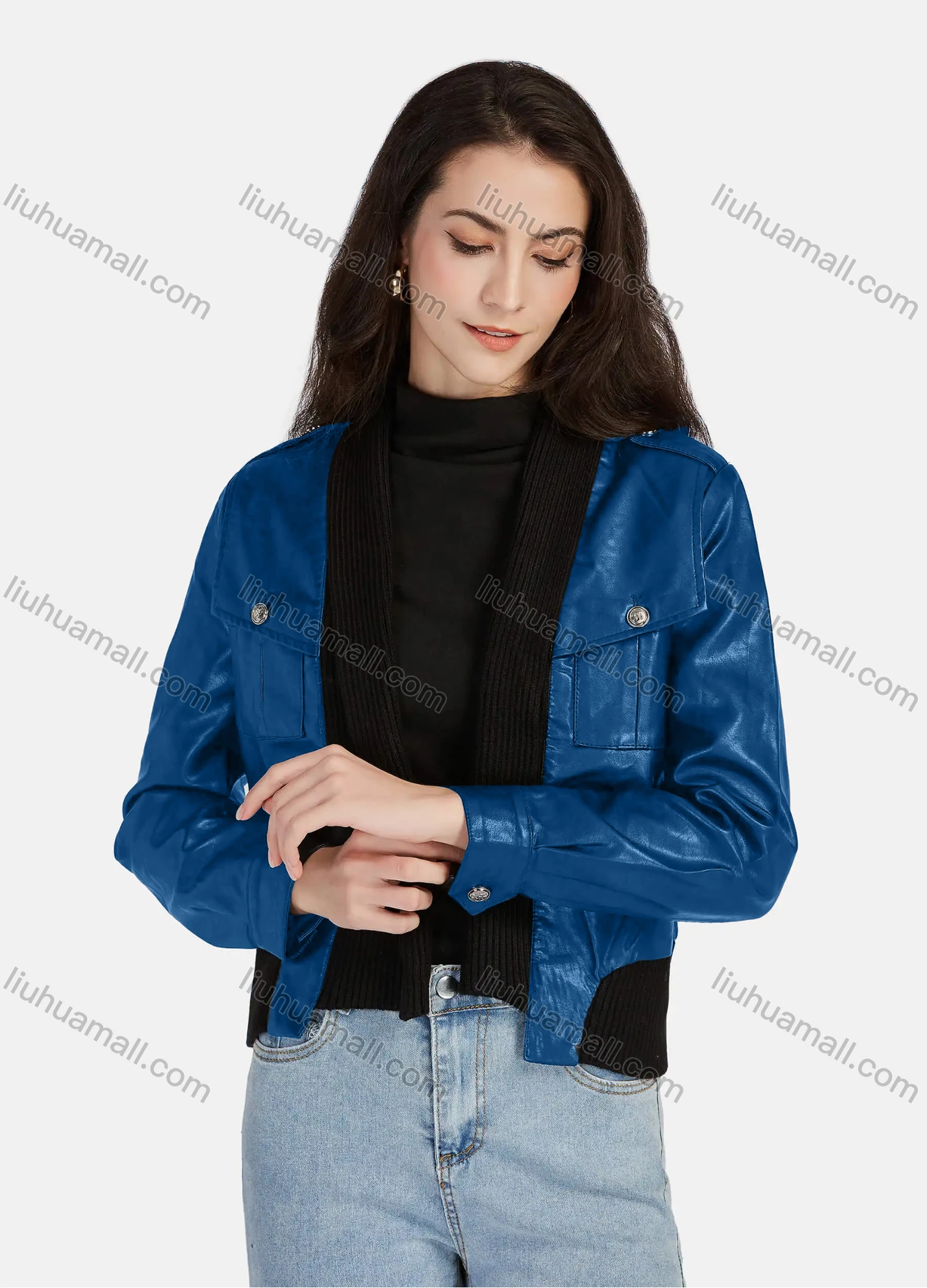 Wholesale Women's Casual Plain Open Front Long Sleeve Stitching Knit Leather Jacket A130# - Liuhuamall