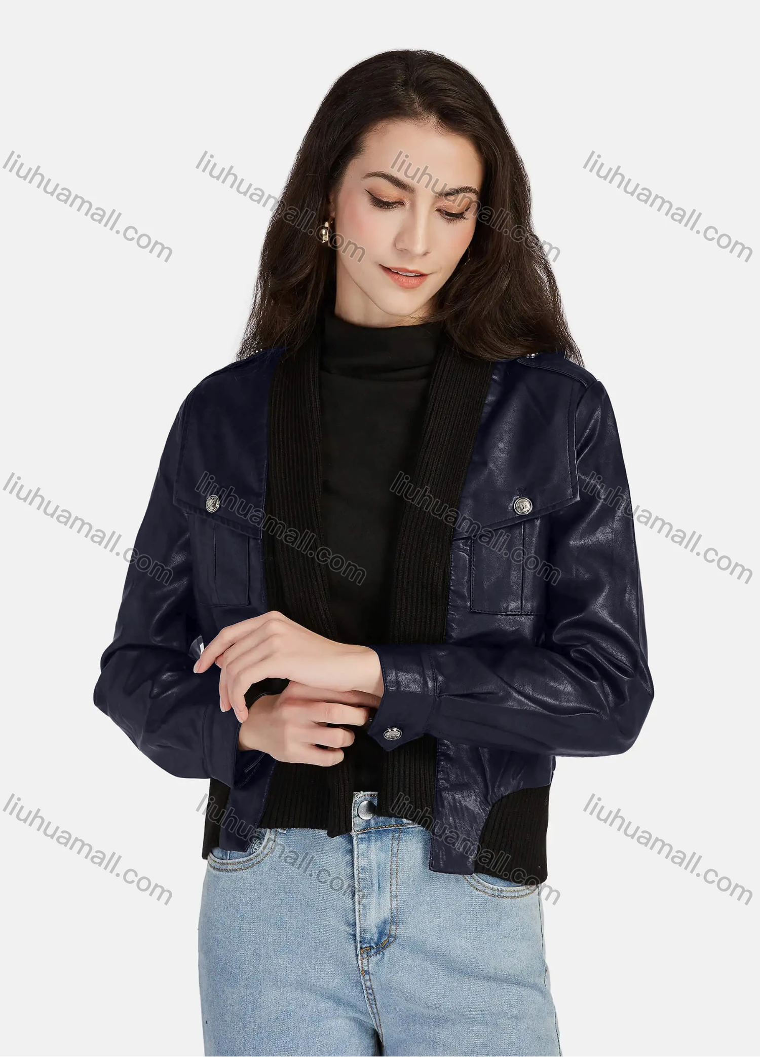 Wholesale Women's Casual Plain Open Front Long Sleeve Stitching Knit Leather Jacket A130# - Liuhuamall