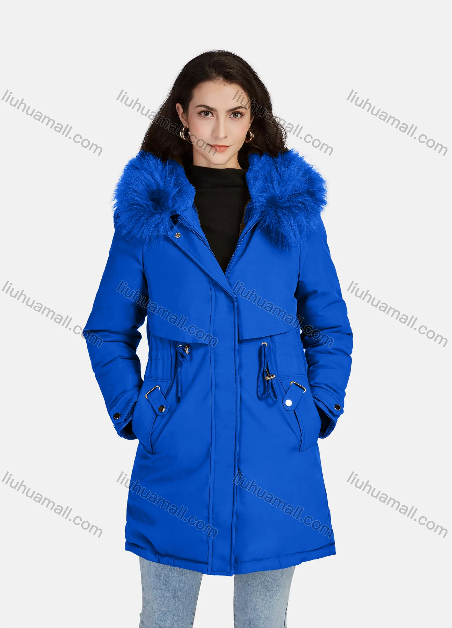 Wholesale Women's Casual Plain Zipper Drawstring Pockets Fluff Hooded Parka - Liuhuamall