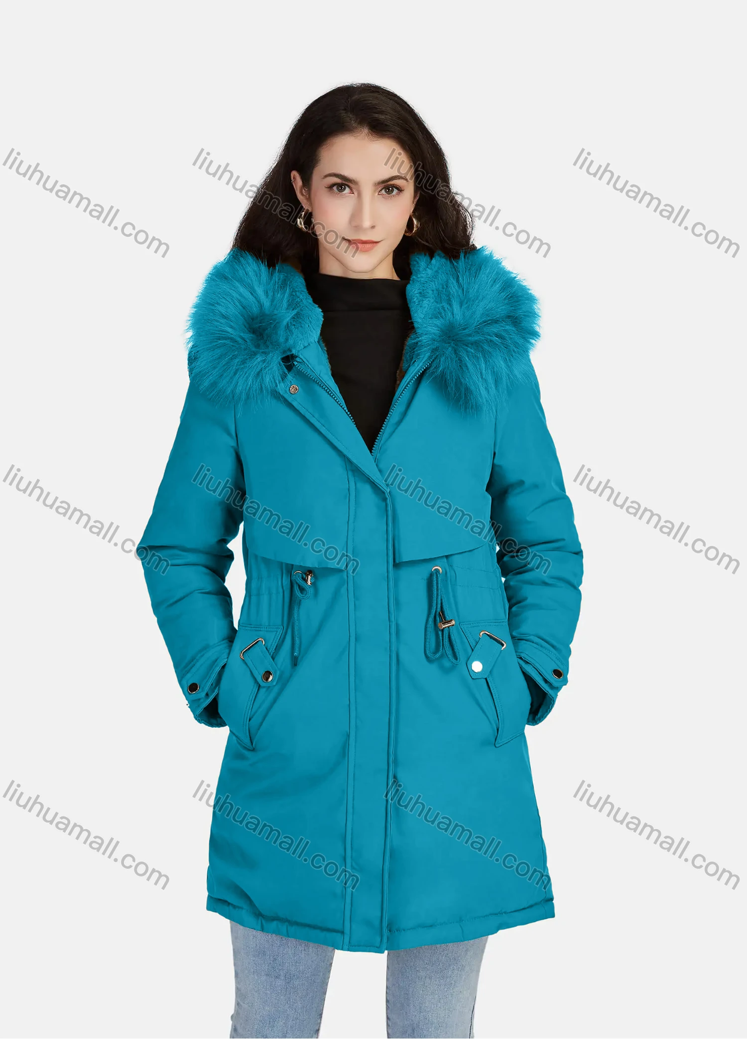 Wholesale Women's Casual Plain Zipper Drawstring Pockets Fluff Hooded Parka - Liuhuamall