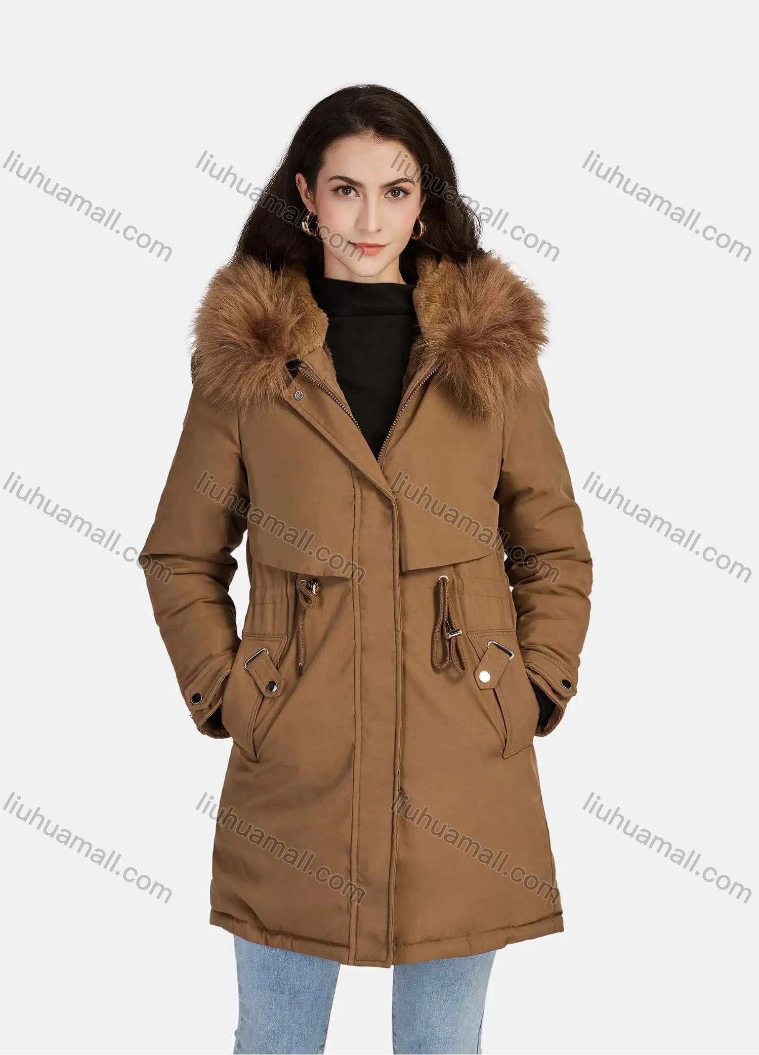 Wholesale Women's Casual Plain Zipper Drawstring Pockets Fluff Hooded Parka - Liuhuamall