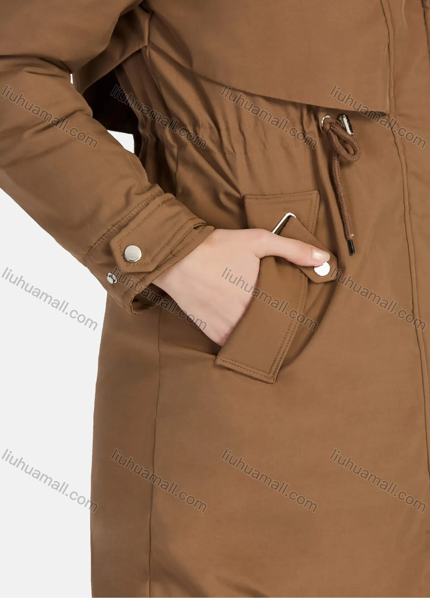 Wholesale Women's Casual Plain Zipper Drawstring Pockets Fluff Hooded Parka - Liuhuamall