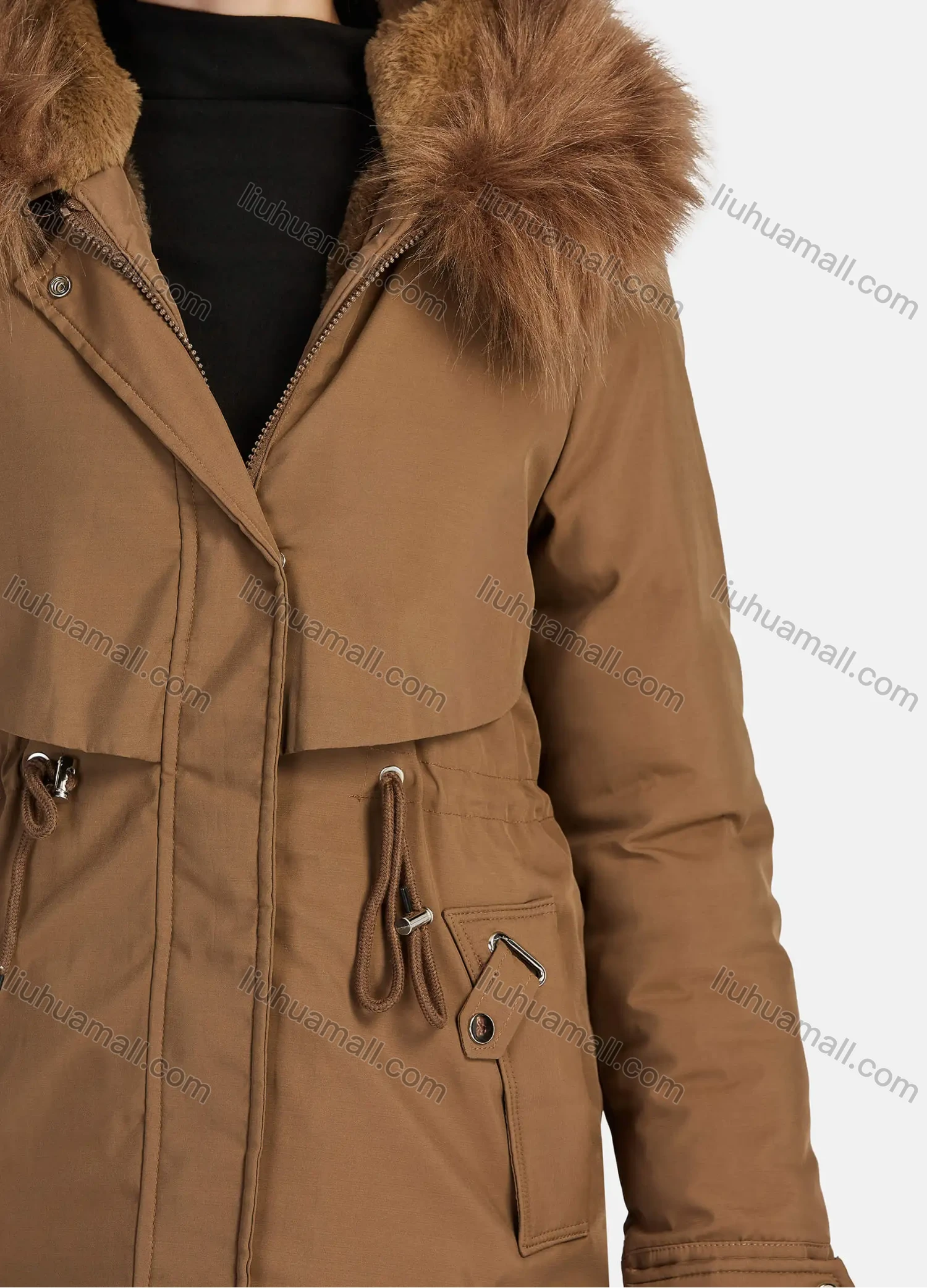 Wholesale Women's Casual Plain Zipper Drawstring Pockets Fluff Hooded Parka - Liuhuamall
