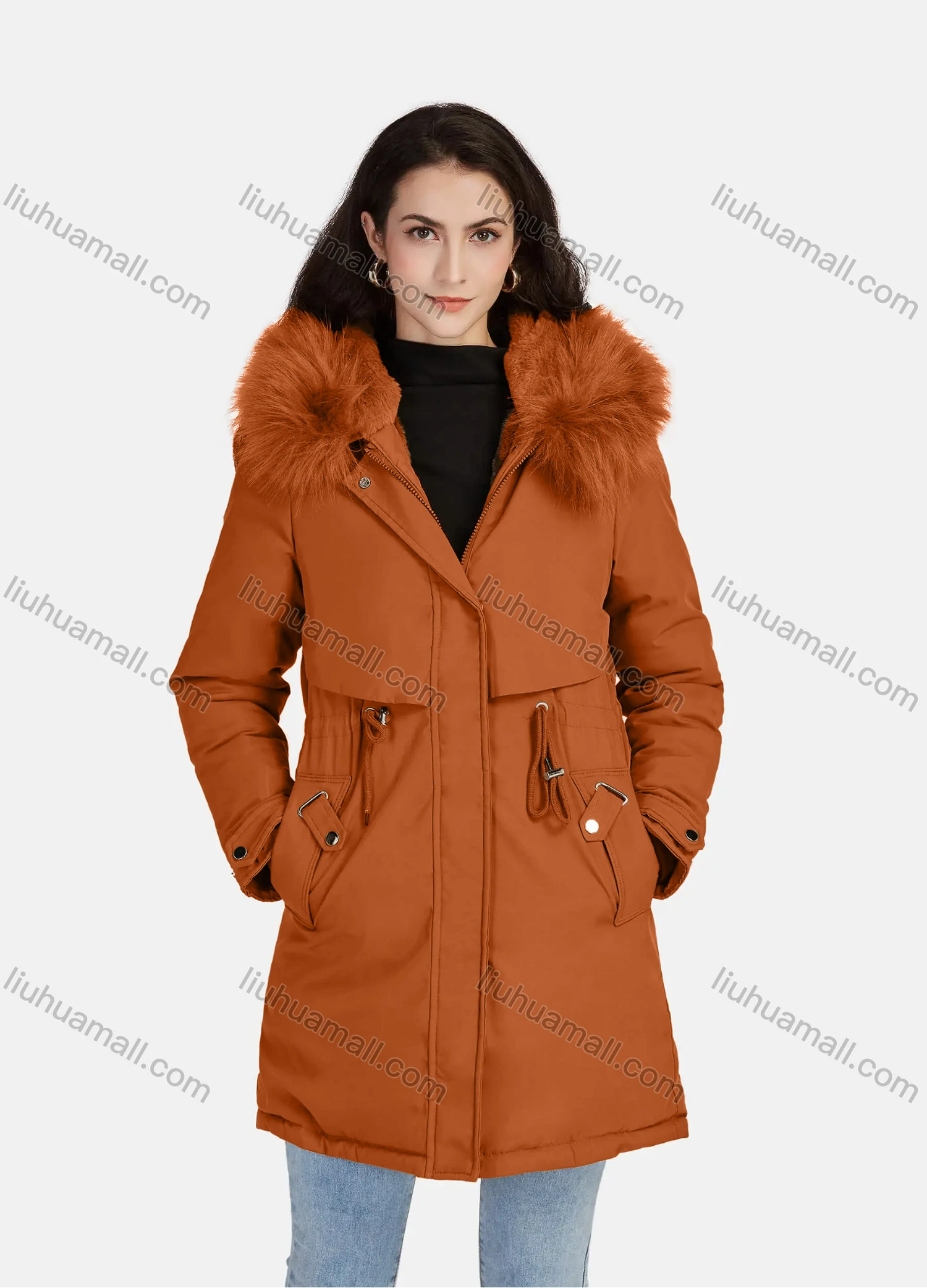 Wholesale Women's Casual Plain Zipper Drawstring Pockets Fluff Hooded Parka - Liuhuamall