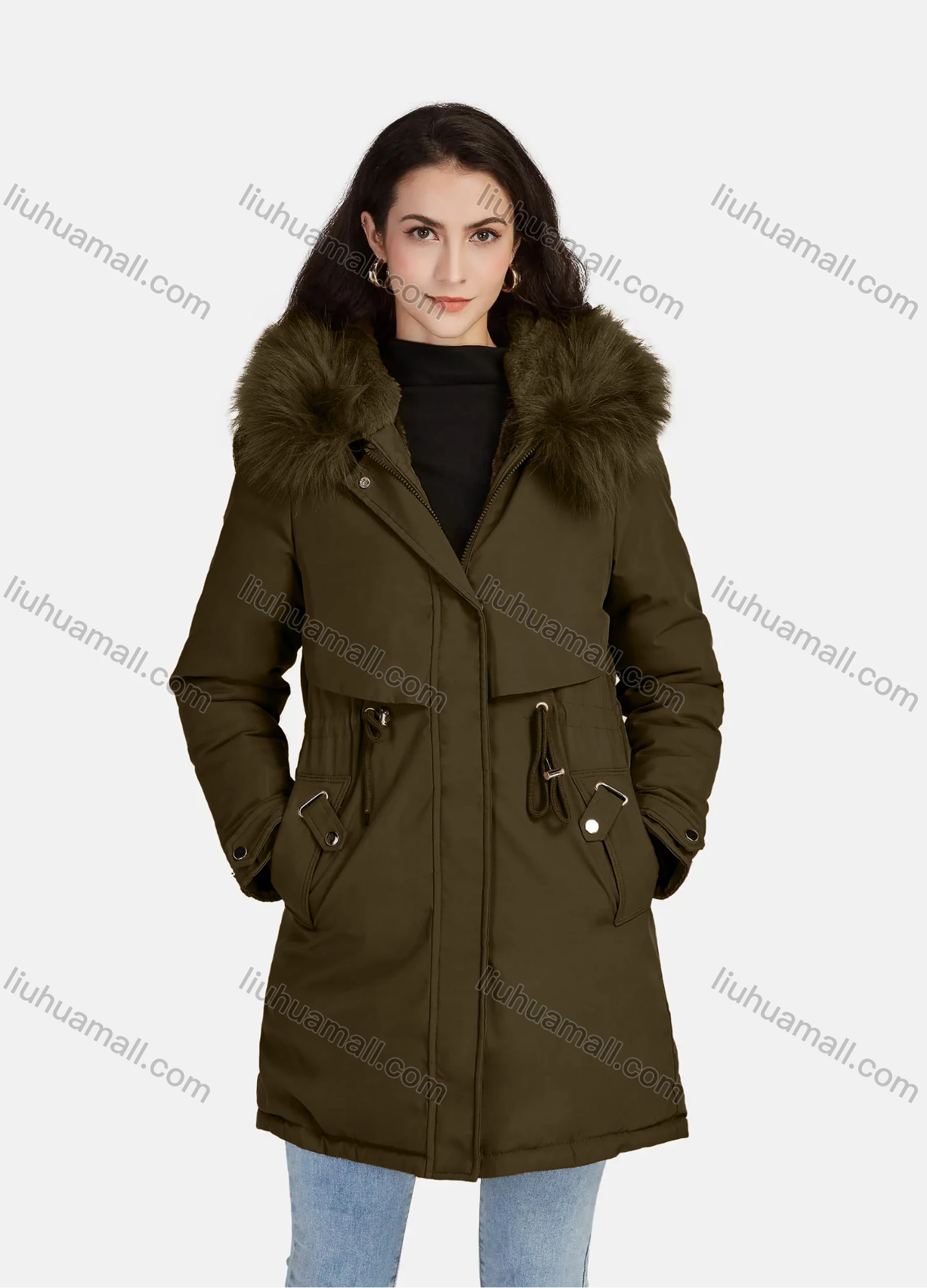 Wholesale Women's Casual Plain Zipper Drawstring Pockets Fluff Hooded Parka - Liuhuamall